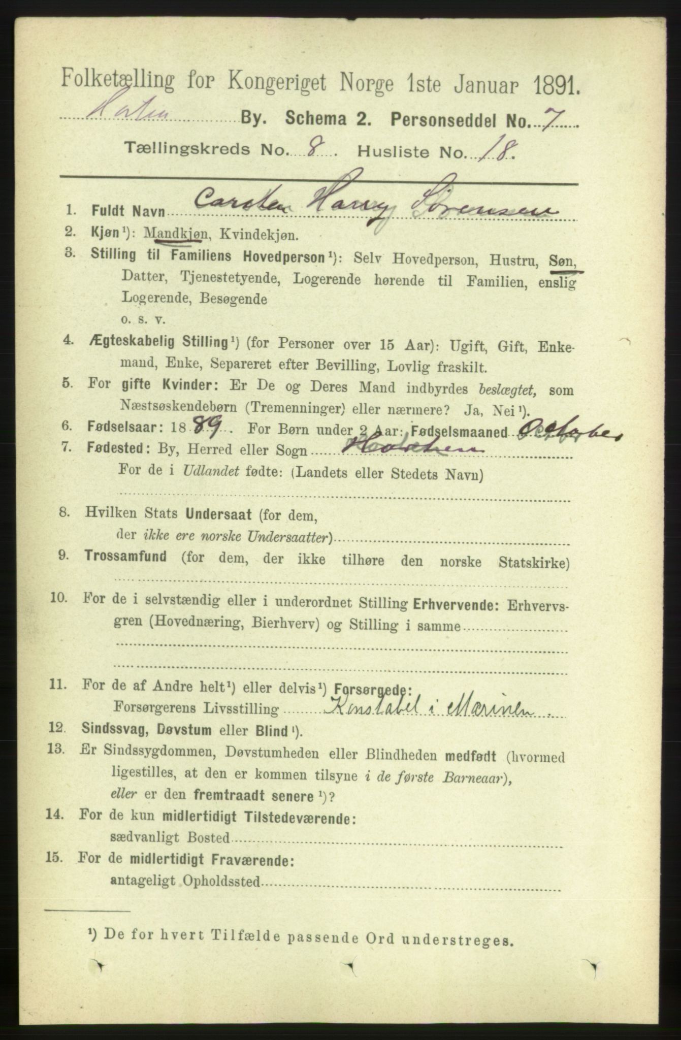 RA, 1891 census for 0703 Horten, 1891, p. 5105