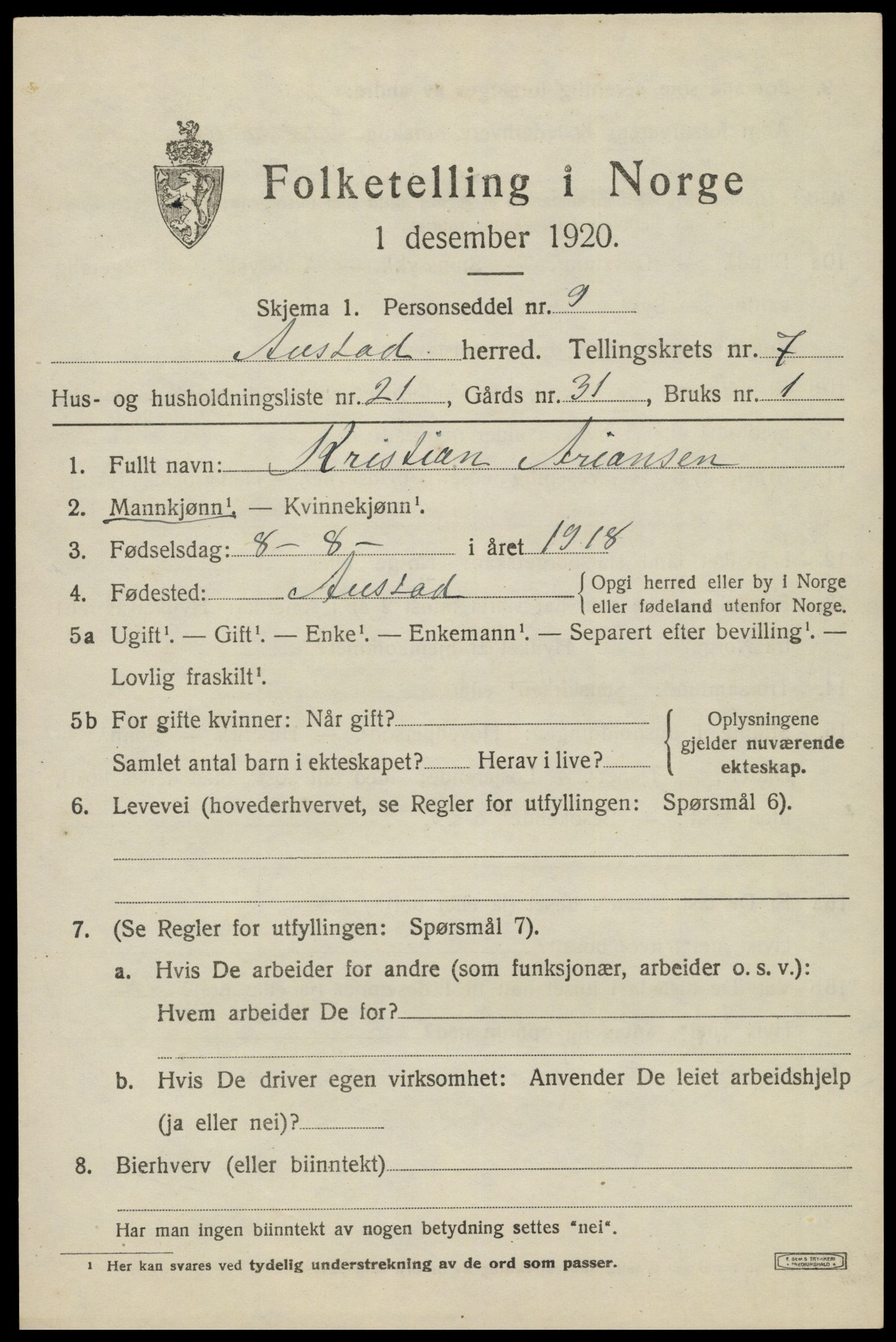 SAK, 1920 census for Austad, 1920, p. 2483