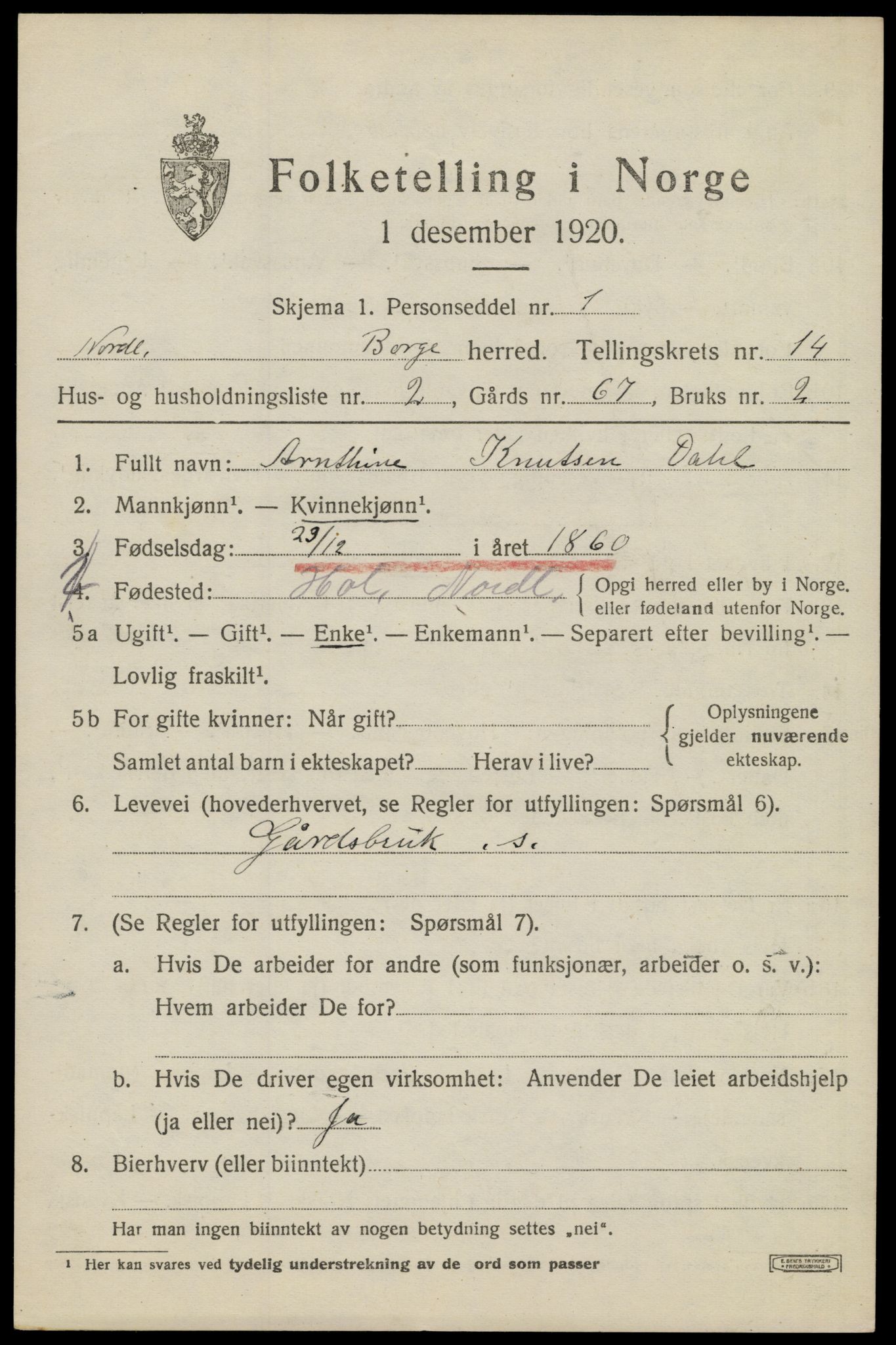 SAT, 1920 census for Borge, 1920, p. 10619