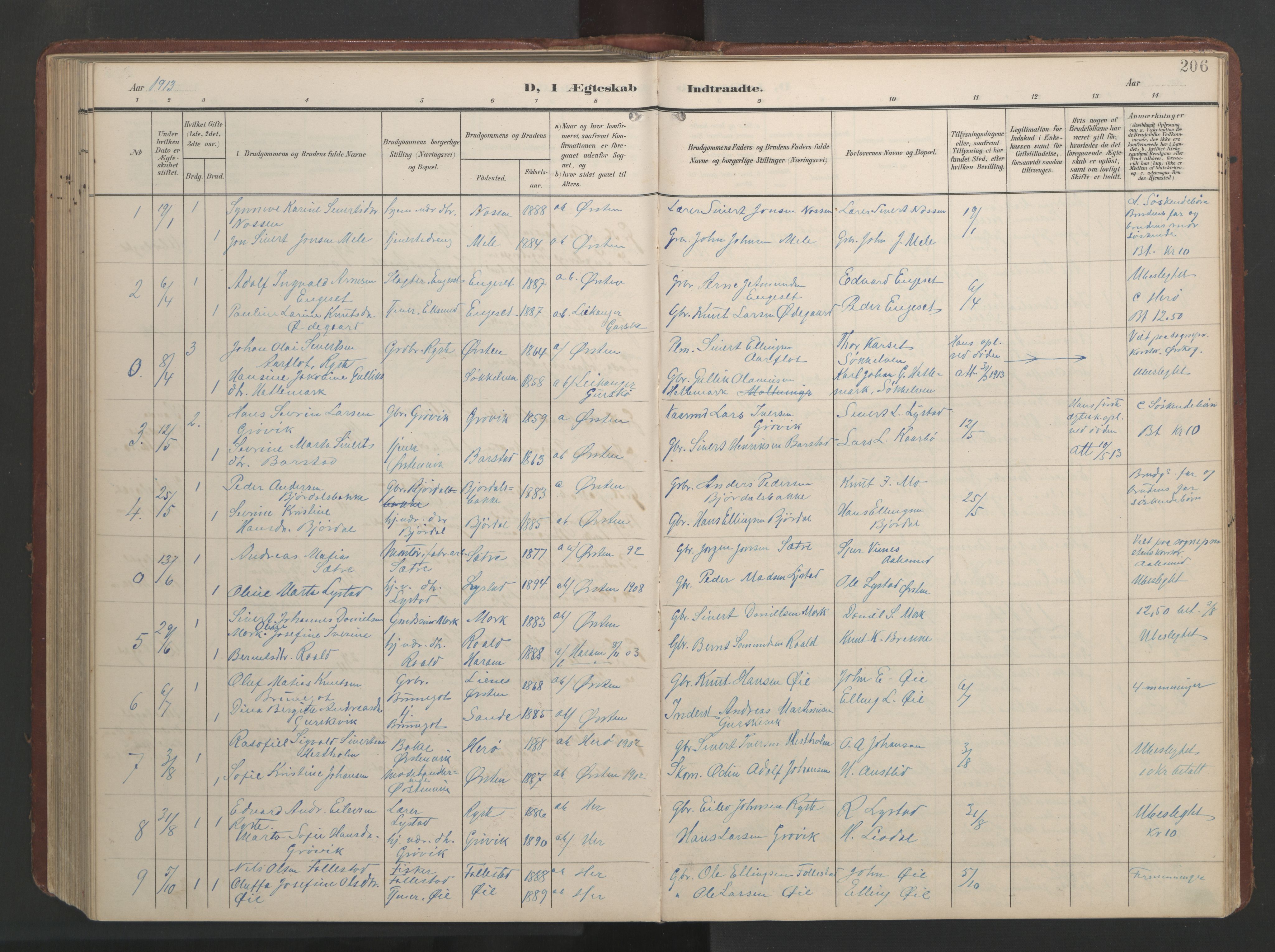 Ministerialprotokoller, klokkerbøker og fødselsregistre - Møre og Romsdal, AV/SAT-A-1454/513/L0190: Parish register (copy) no. 513C04, 1904-1926, p. 206