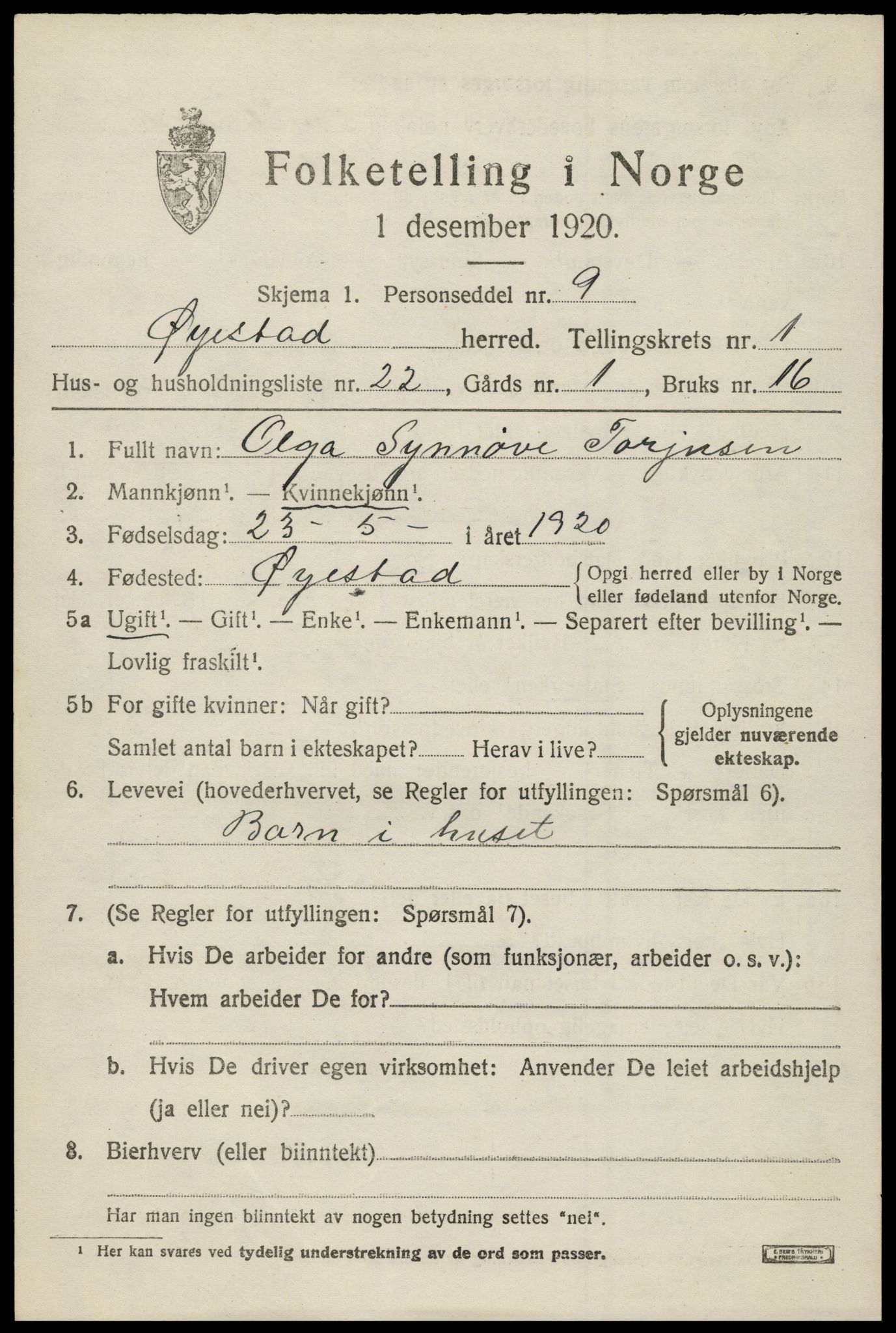 SAK, 1920 census for Øyestad, 1920, p. 2066