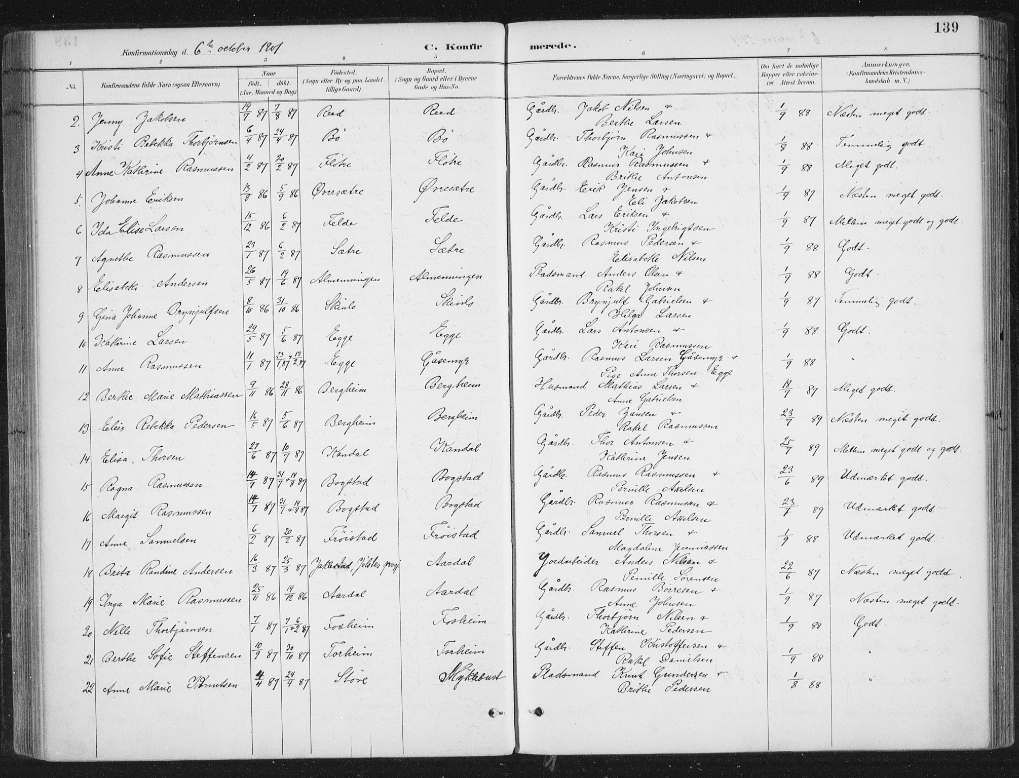 Gloppen sokneprestembete, AV/SAB-A-80101/H/Haa/Haac/L0002: Parish register (official) no. C  2, 1887-1904, p. 139