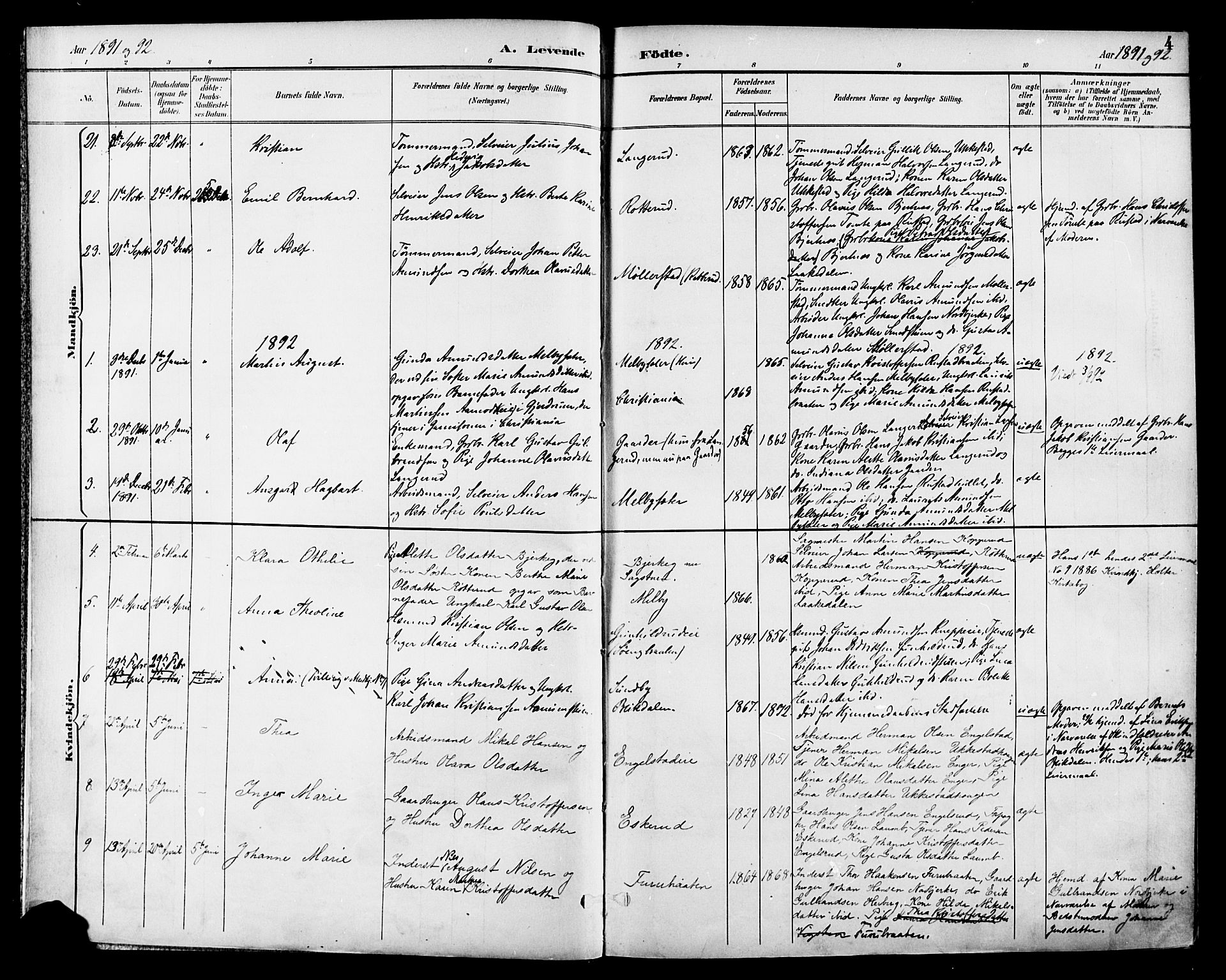 Nannestad prestekontor Kirkebøker, AV/SAO-A-10414a/F/Fa/L0015: Parish register (official) no. I 15, 1891-1905, p. 4