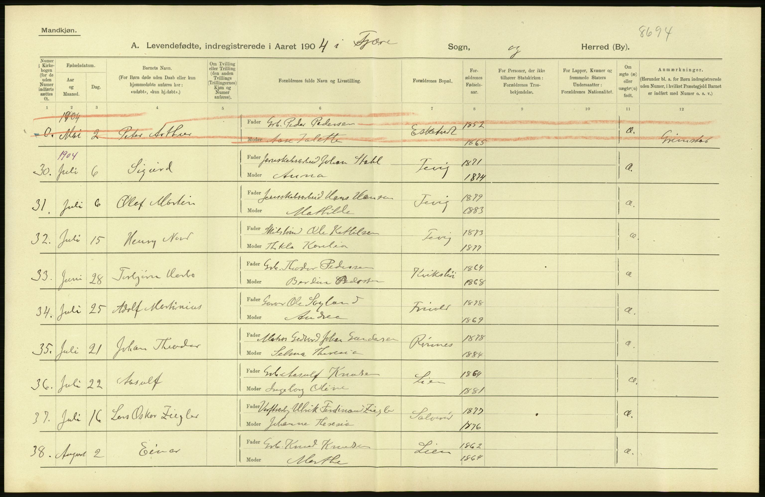 Statistisk sentralbyrå, Sosiodemografiske emner, Befolkning, AV/RA-S-2228/D/Df/Dfa/Dfab/L0010: Nedenes amt: Fødte, gifte, døde, 1904, p. 36