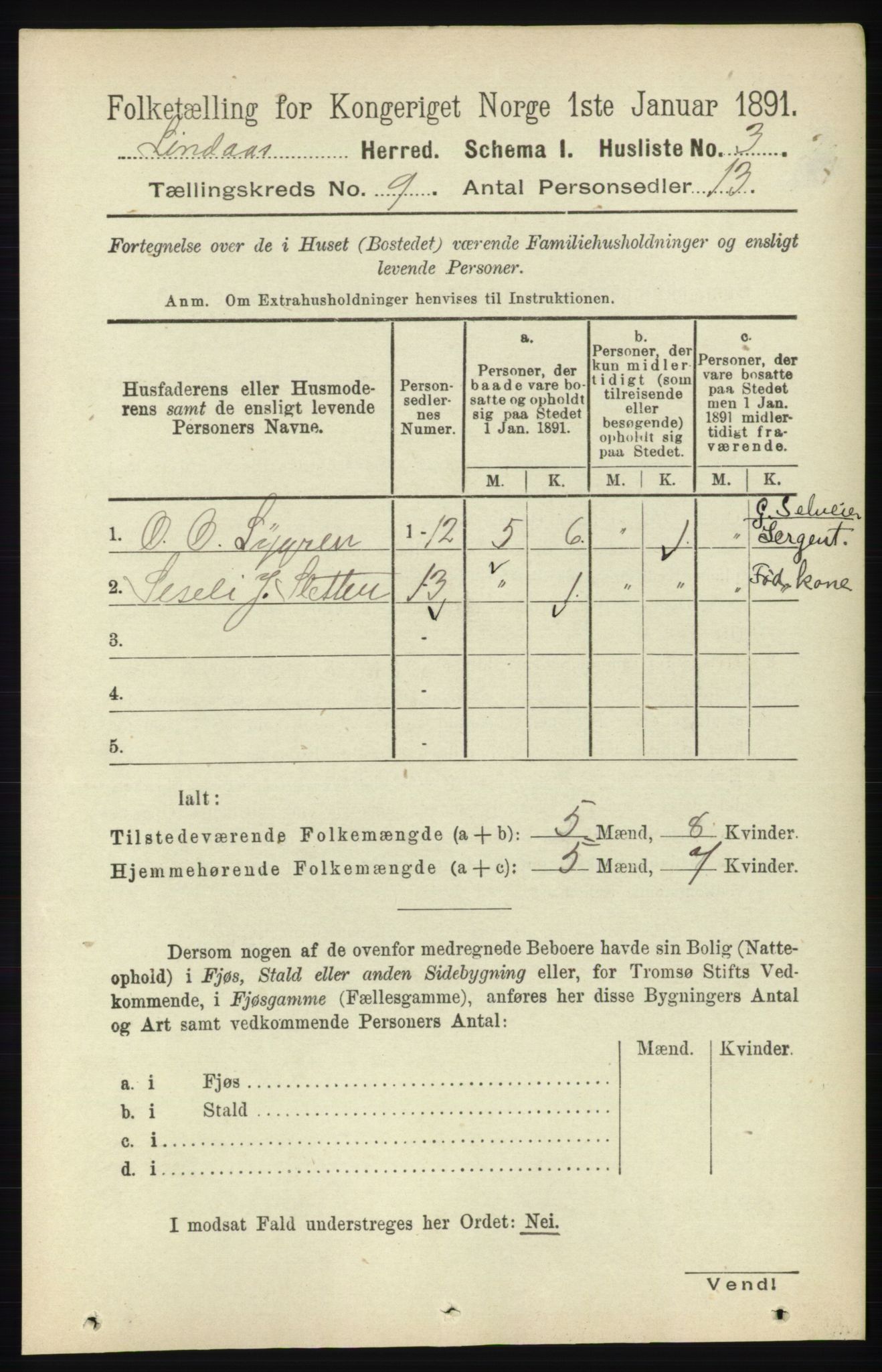 RA, 1891 census for 1263 Lindås, 1891, p. 2899