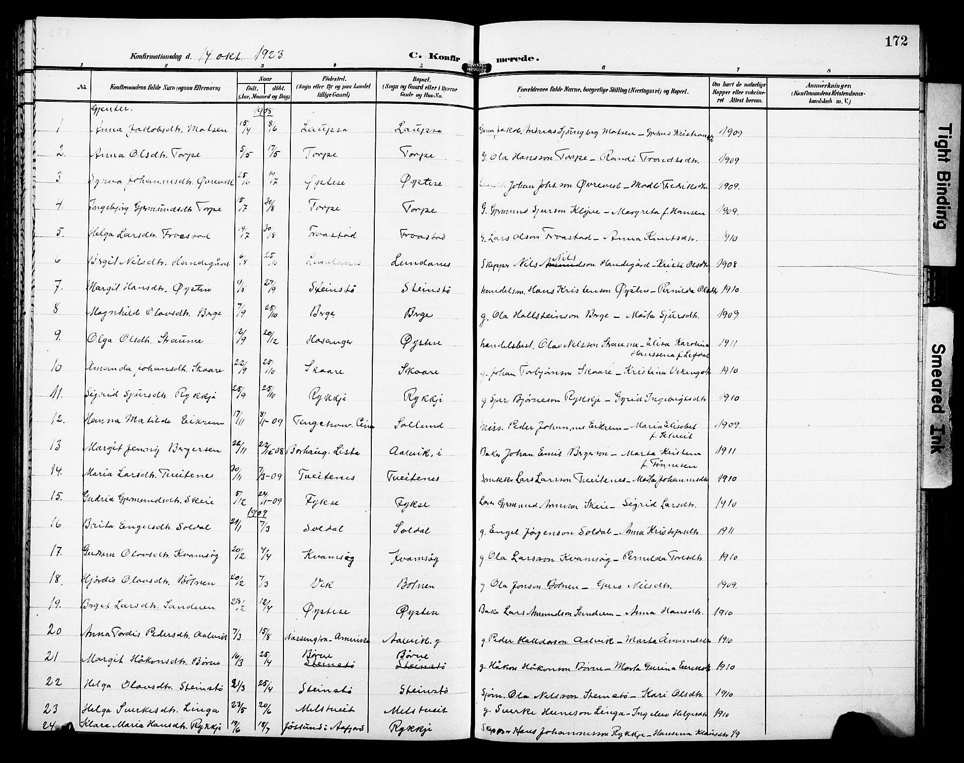Kvam sokneprestembete, SAB/A-76201/H/Hab: Parish register (copy) no. C 4, 1906-1931, p. 172