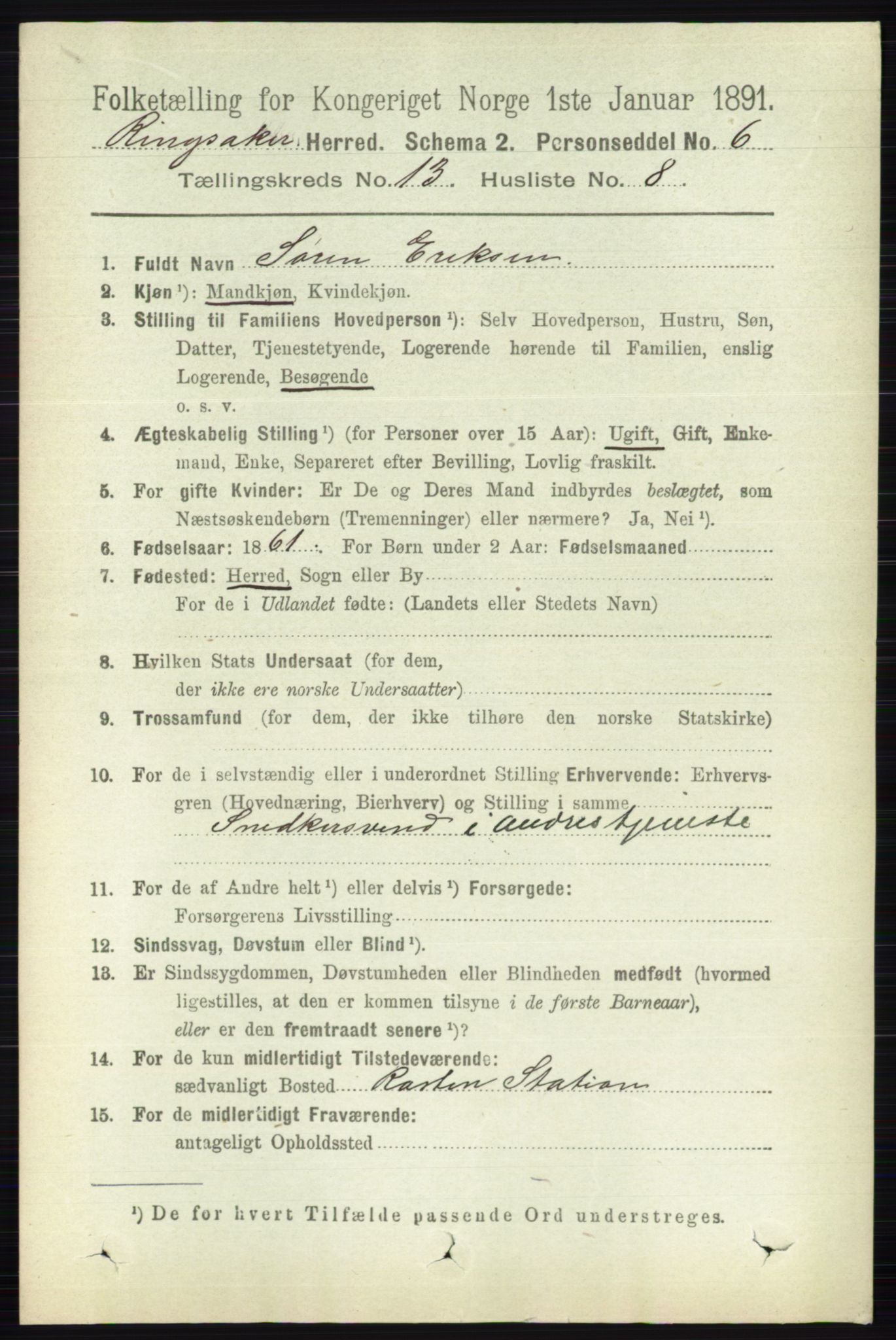 RA, 1891 census for 0412 Ringsaker, 1891, p. 7252