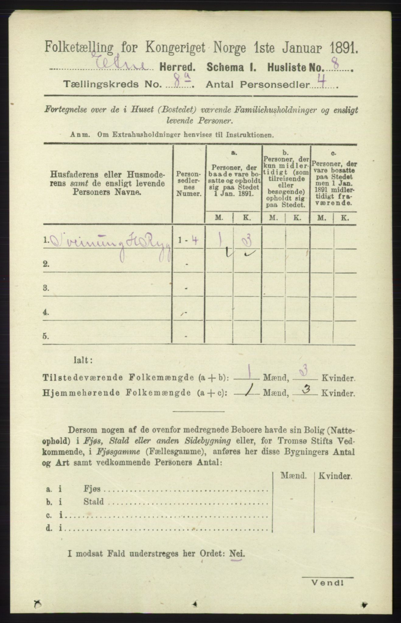 RA, 1891 census for 1211 Etne, 1891, p. 1530