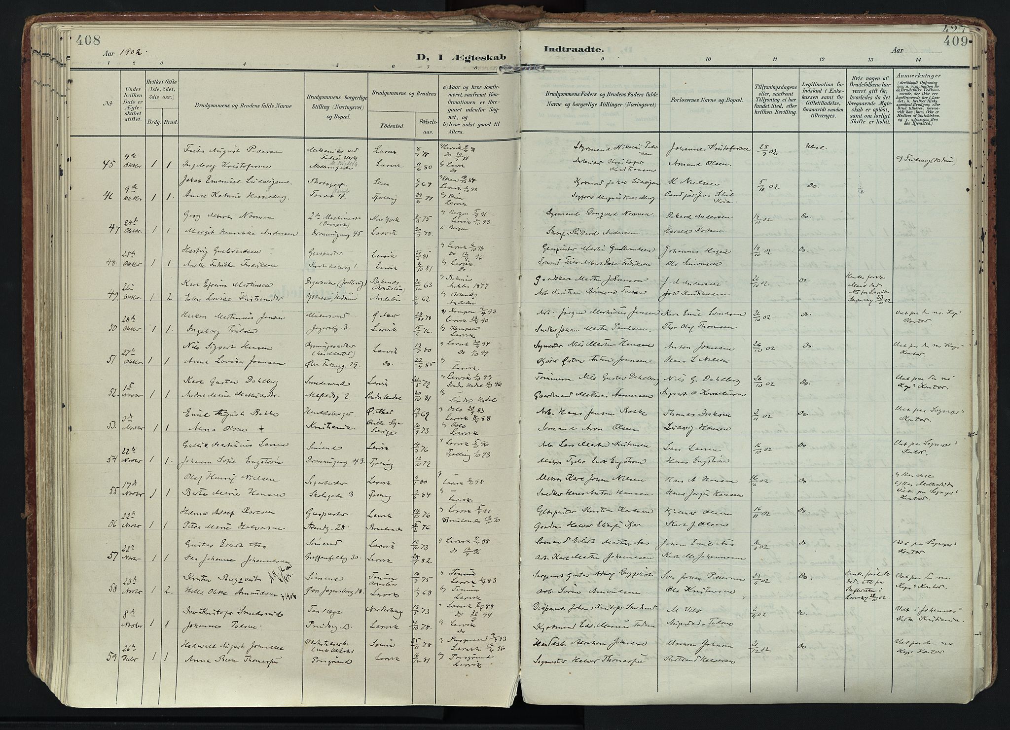 Larvik kirkebøker, SAKO/A-352/F/Fa/L0011: Parish register (official) no. I 11, 1902-1922, p. 408-409