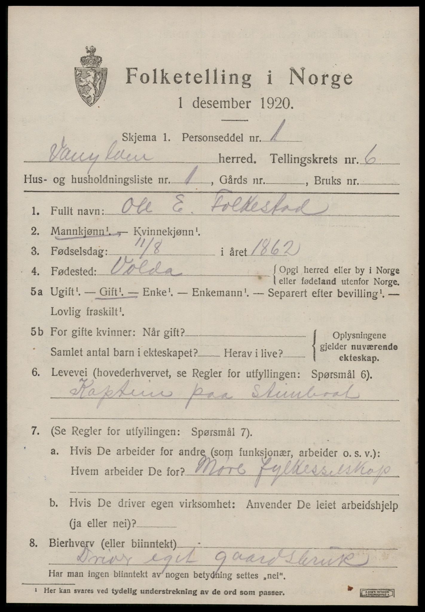 SAT, 1920 census for Vanylven, 1920, p. 3273