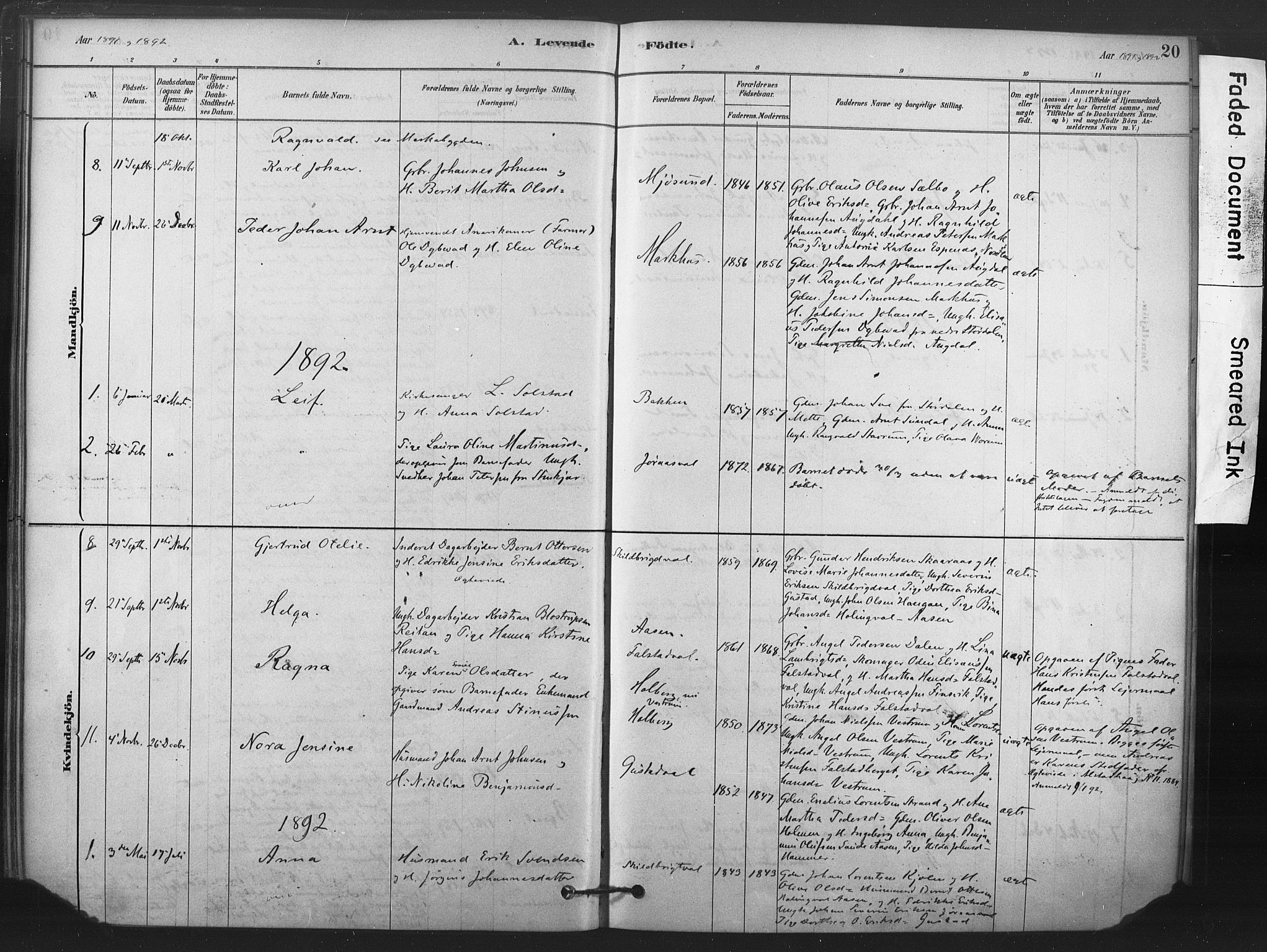 Ministerialprotokoller, klokkerbøker og fødselsregistre - Nord-Trøndelag, AV/SAT-A-1458/719/L0178: Parish register (official) no. 719A01, 1878-1900, p. 20