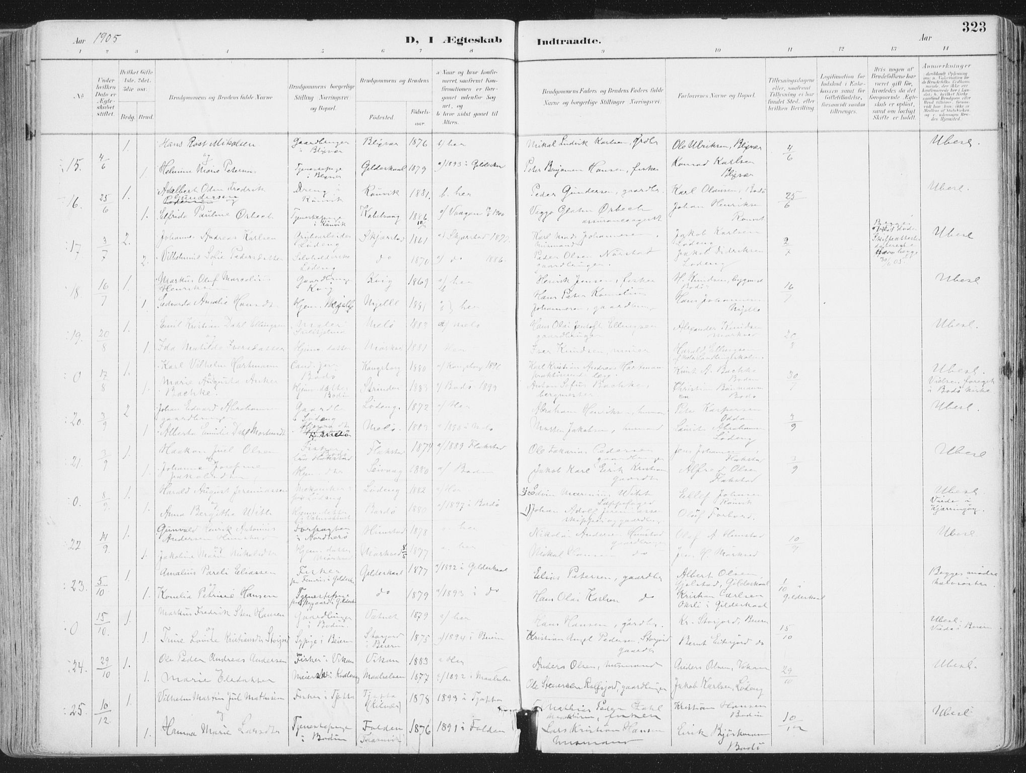 Ministerialprotokoller, klokkerbøker og fødselsregistre - Nordland, AV/SAT-A-1459/802/L0055: Parish register (official) no. 802A02, 1894-1915, p. 323