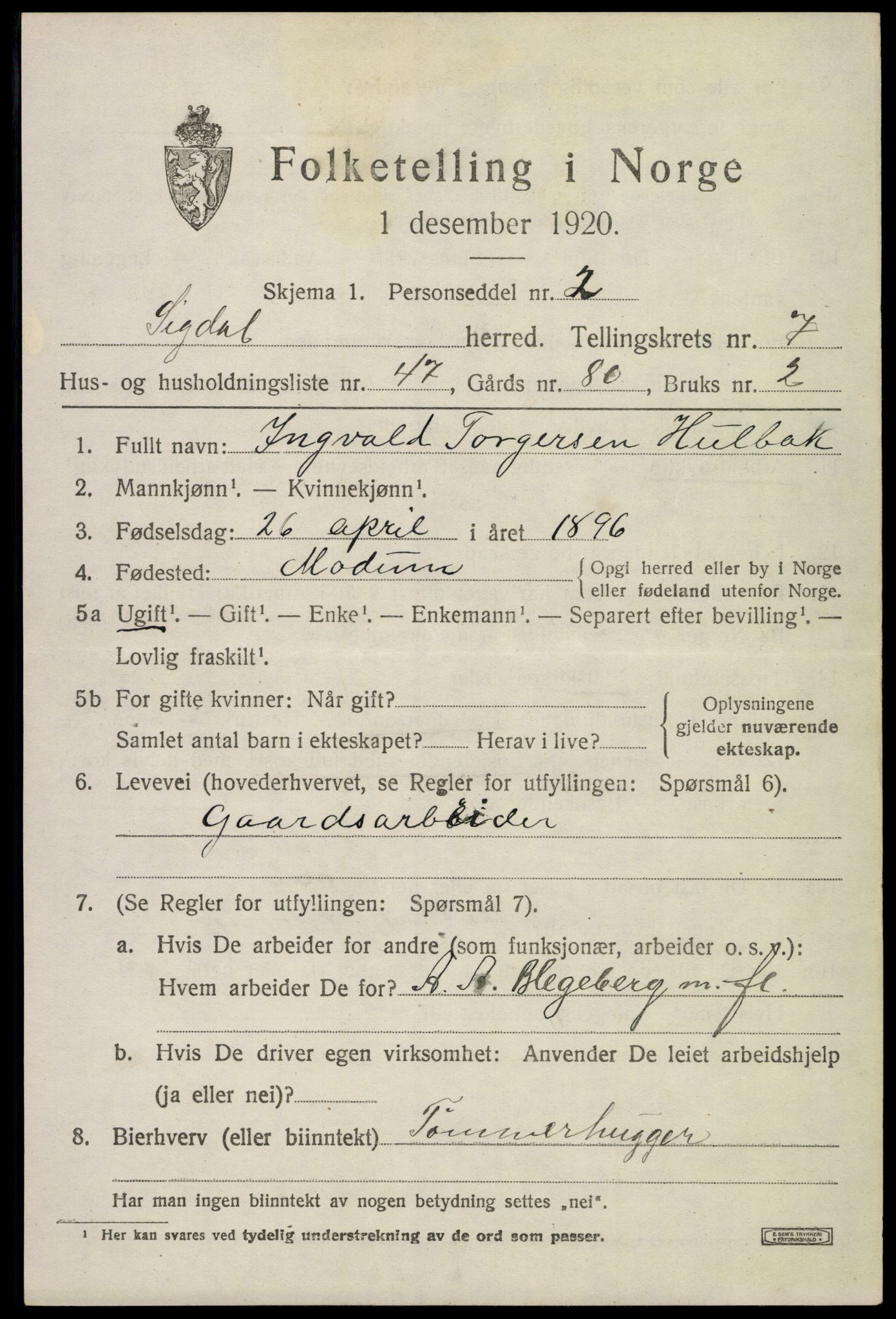 SAKO, 1920 census for Sigdal, 1920, p. 5984