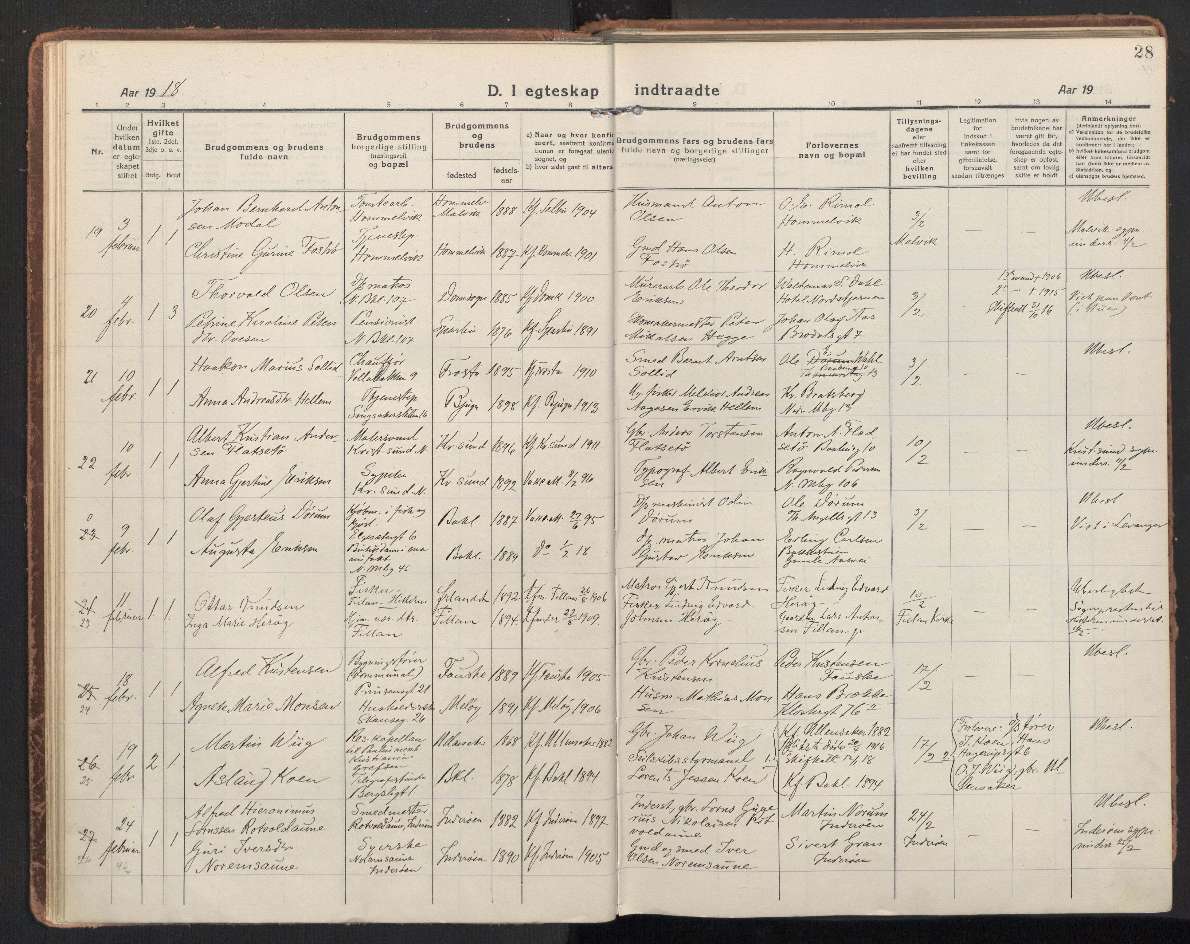 Ministerialprotokoller, klokkerbøker og fødselsregistre - Sør-Trøndelag, SAT/A-1456/604/L0206: Parish register (official) no. 604A26, 1917-1931, p. 28