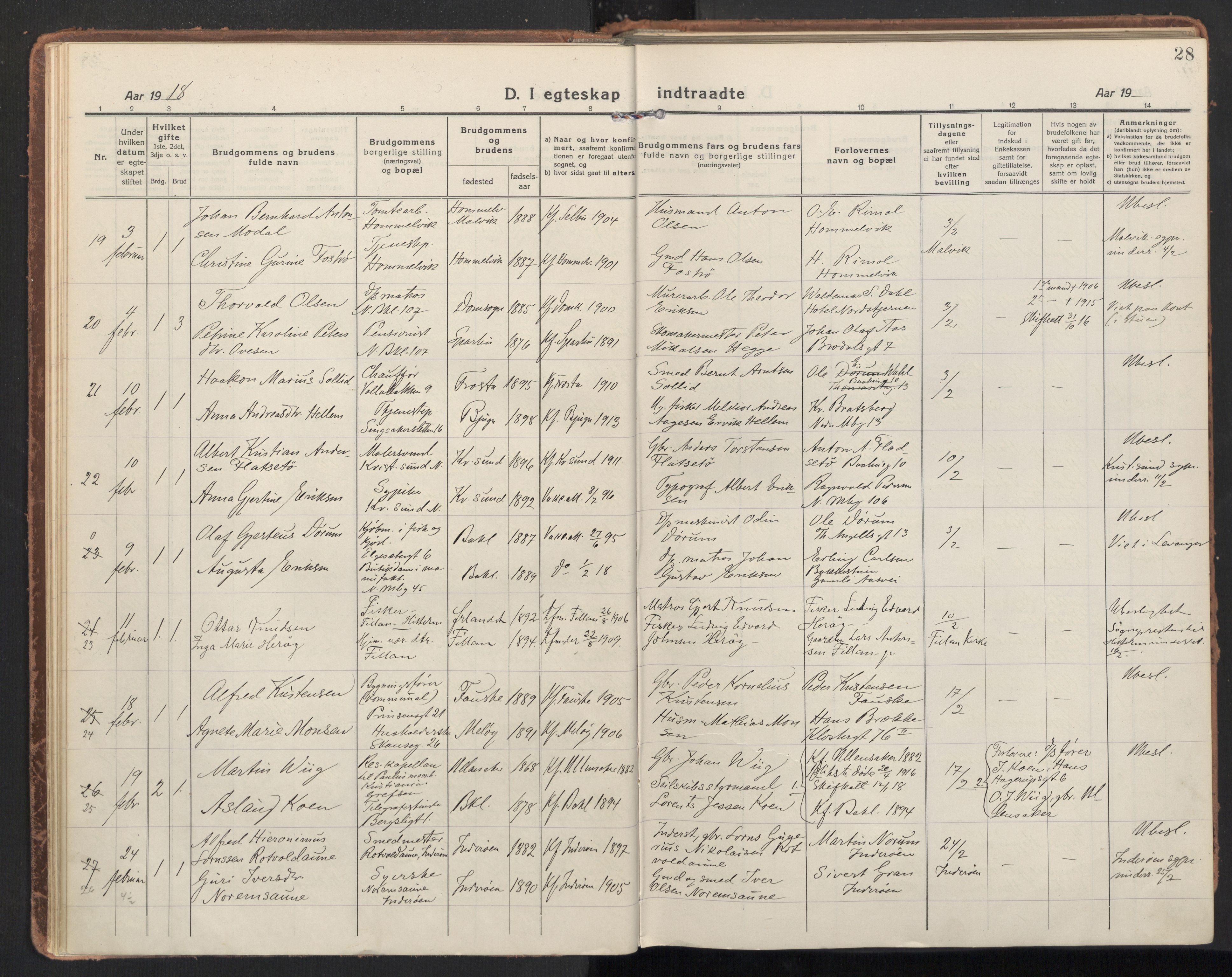 Ministerialprotokoller, klokkerbøker og fødselsregistre - Sør-Trøndelag, AV/SAT-A-1456/604/L0206: Parish register (official) no. 604A26, 1917-1931, p. 28