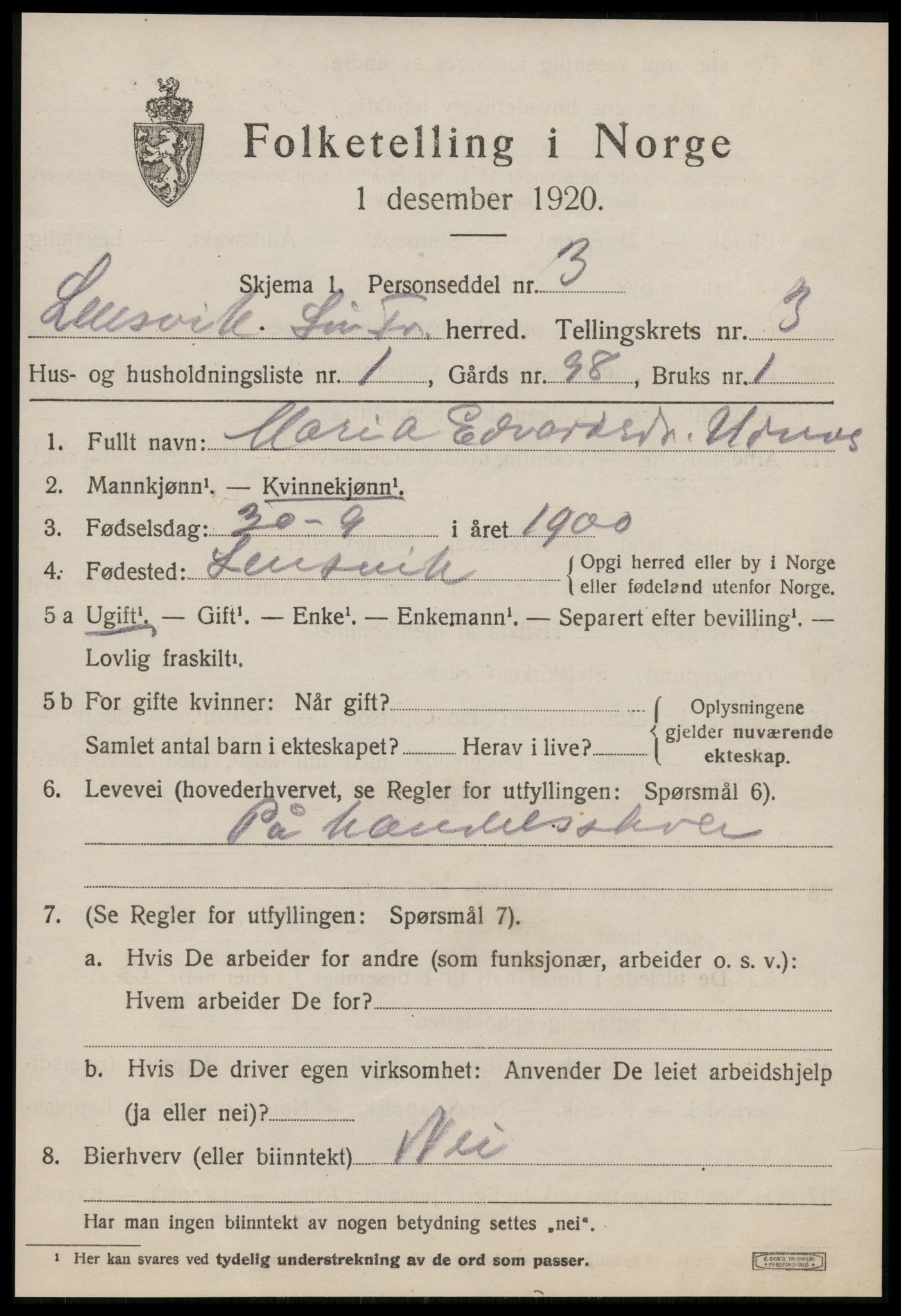 SAT, 1920 census for Lensvik, 1920, p. 1712