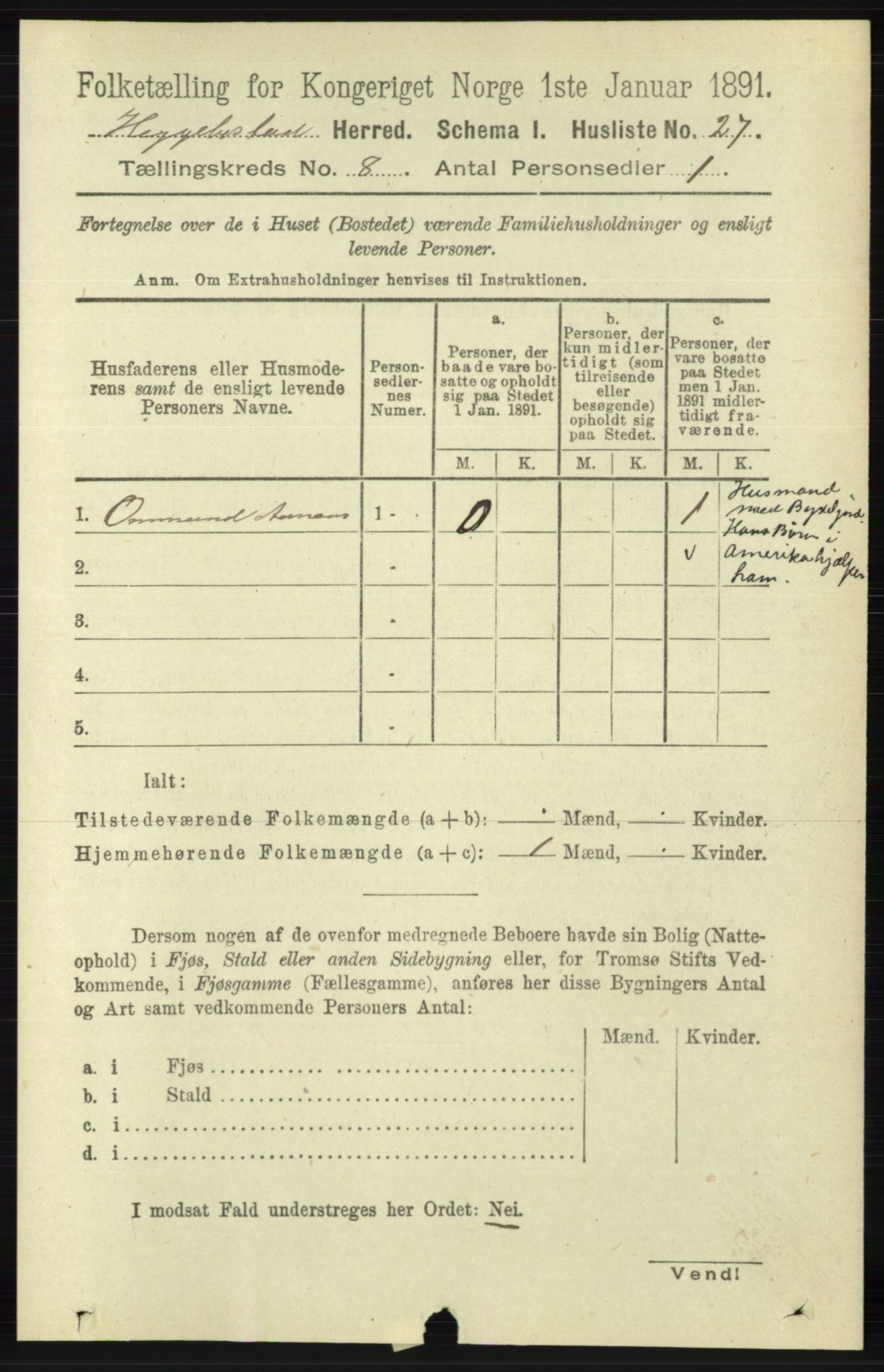 RA, 1891 census for 1034 Hægebostad, 1891, p. 2446