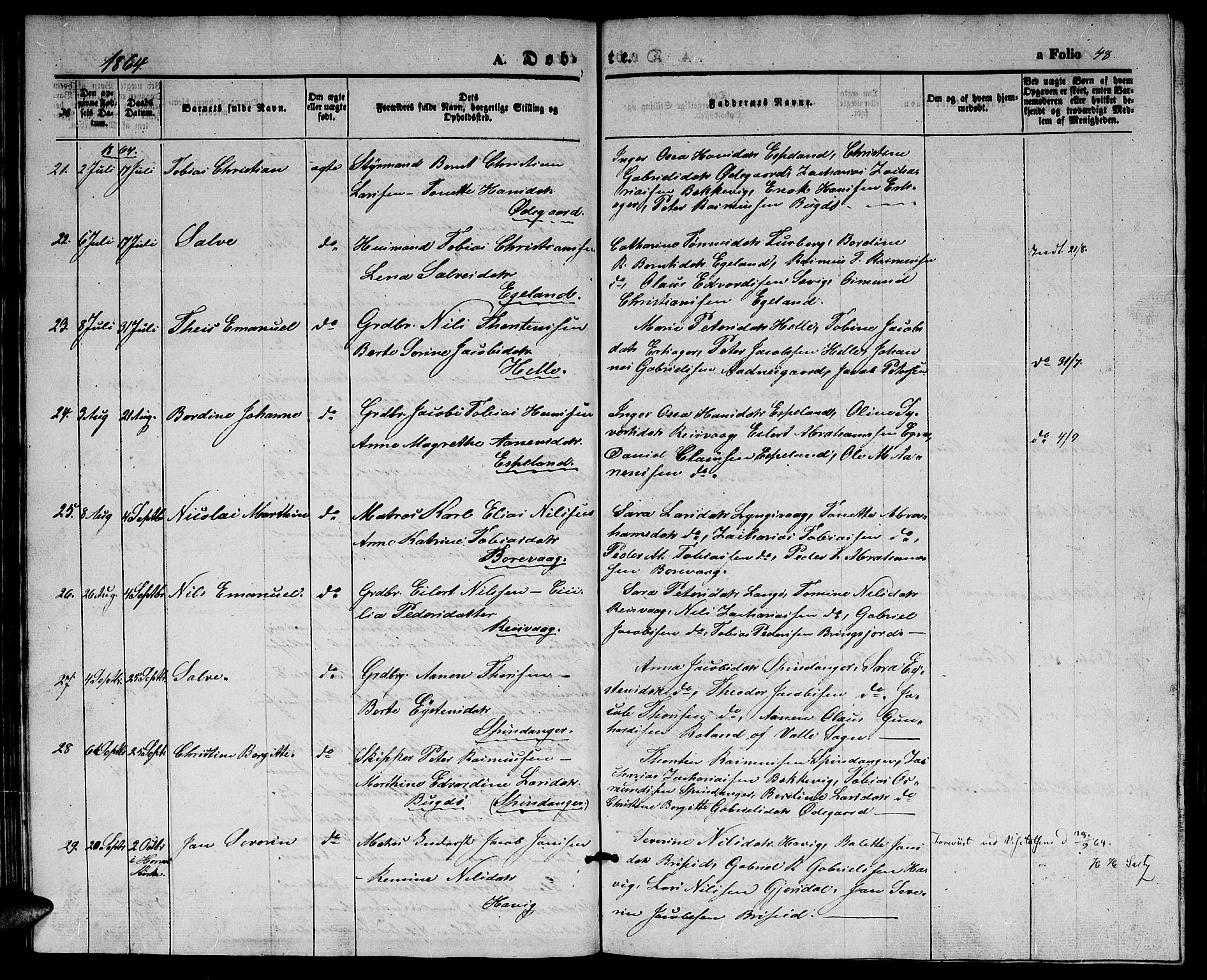 Herad sokneprestkontor, AV/SAK-1111-0018/F/Fb/Fbb/L0002: Parish register (copy) no. B 2, 1853-1871, p. 48