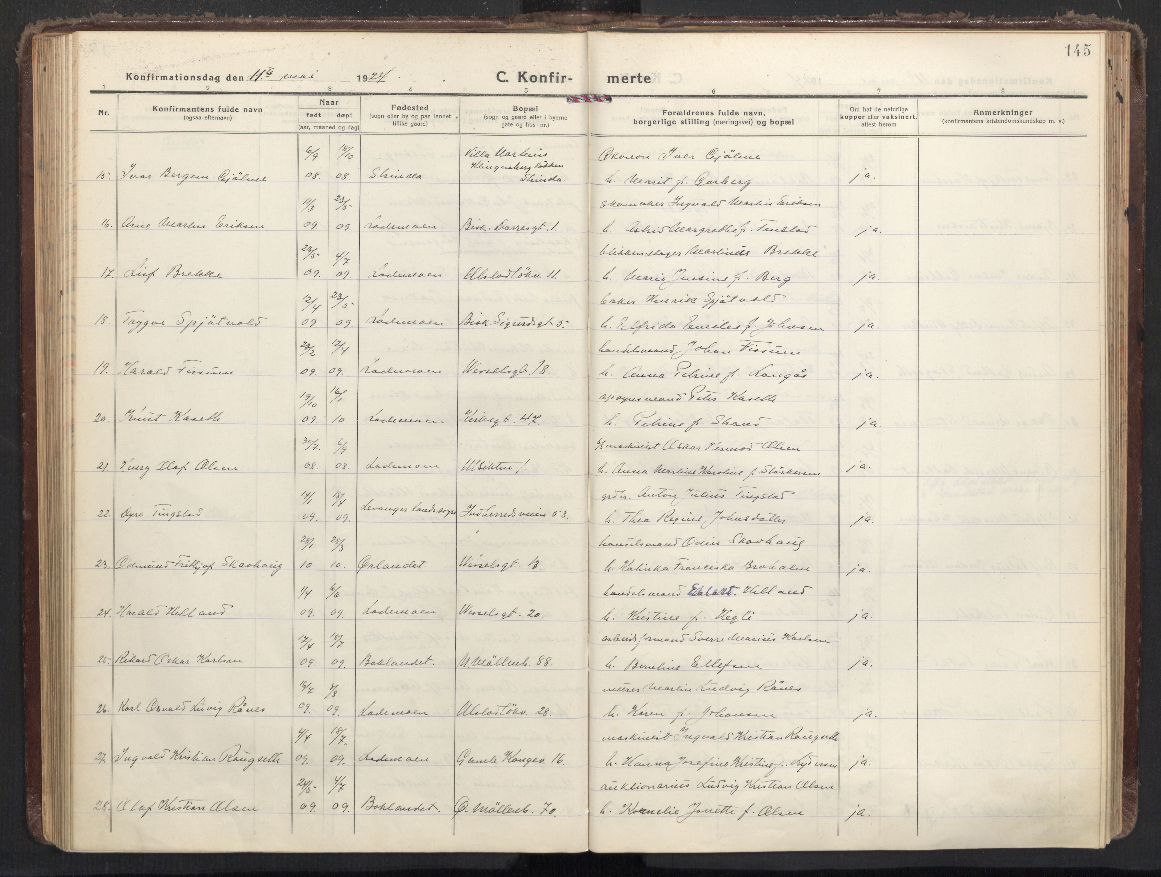 Ministerialprotokoller, klokkerbøker og fødselsregistre - Sør-Trøndelag, SAT/A-1456/605/L0247: Parish register (official) no. 605A09, 1918-1930, p. 145