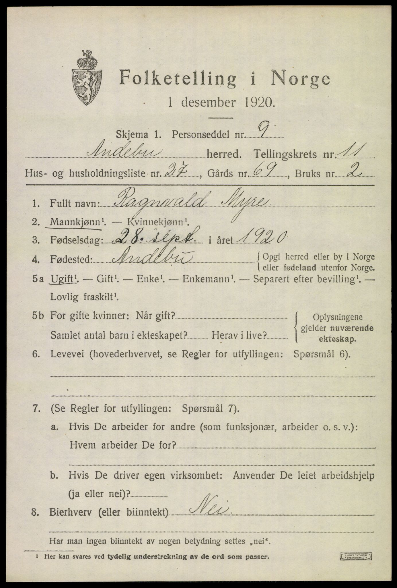 SAKO, 1920 census for Andebu, 1920, p. 4446
