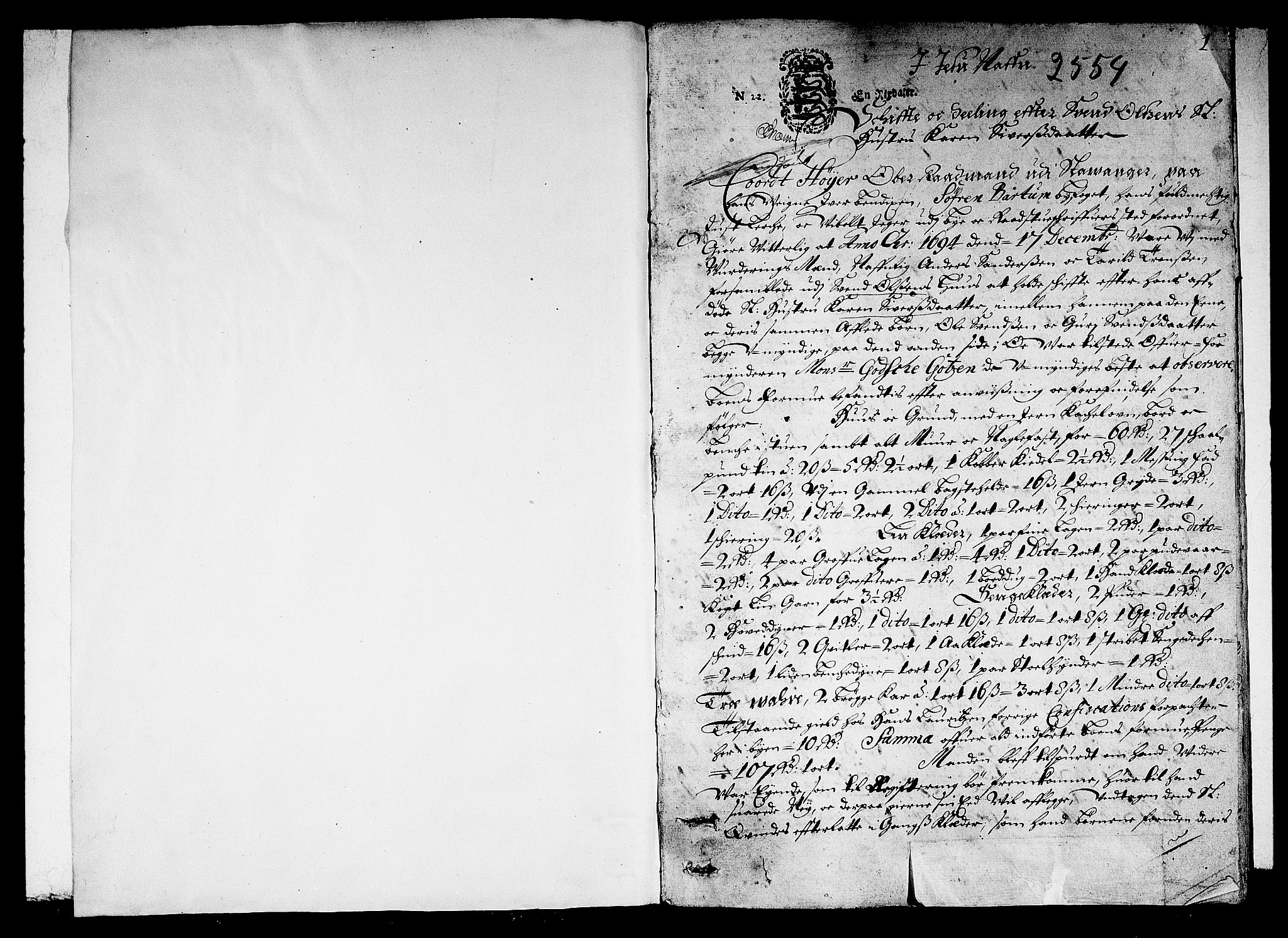 Stavanger byfogd, AV/SAST-A-101408/001/5/50/503BB/L0003: Skifteprotokoll, 1695-1707, p. 0b-1a