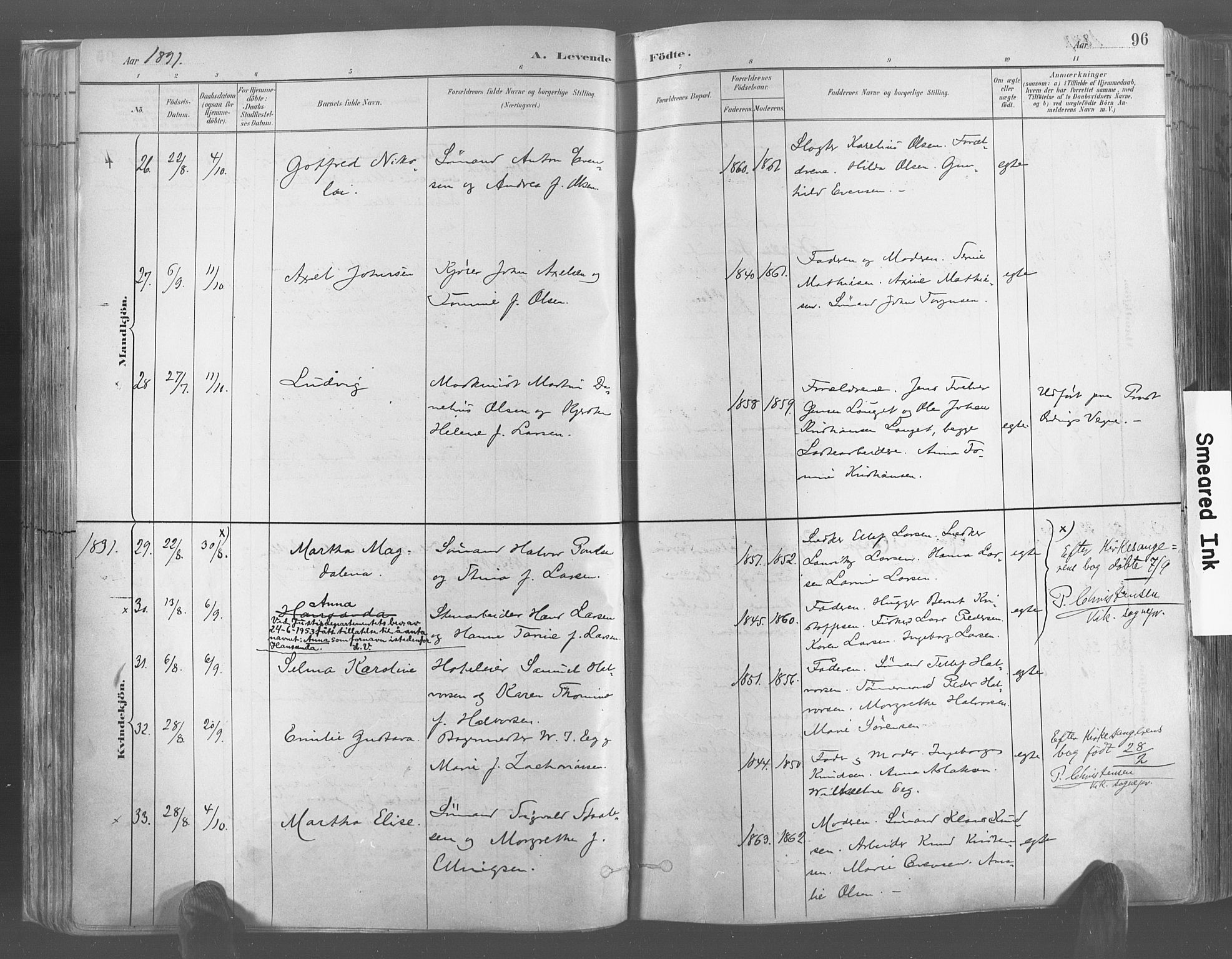 Risør sokneprestkontor, AV/SAK-1111-0035/F/Fa/L0005: Parish register (official) no. A 5, 1883-1895, p. 96