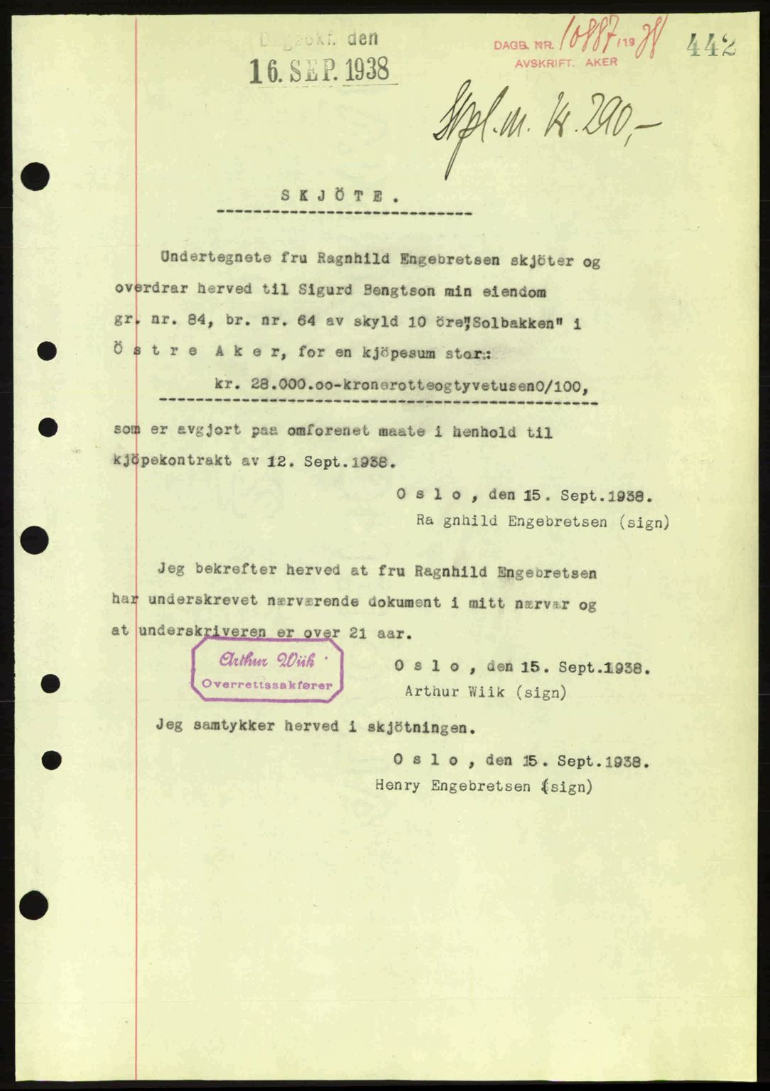 Aker herredsskriveri, SAO/A-10896/G/Gb/Gba/Gbab/L0025: Mortgage book no. A154-155, 1938-1938, Diary no: : 10887/1938