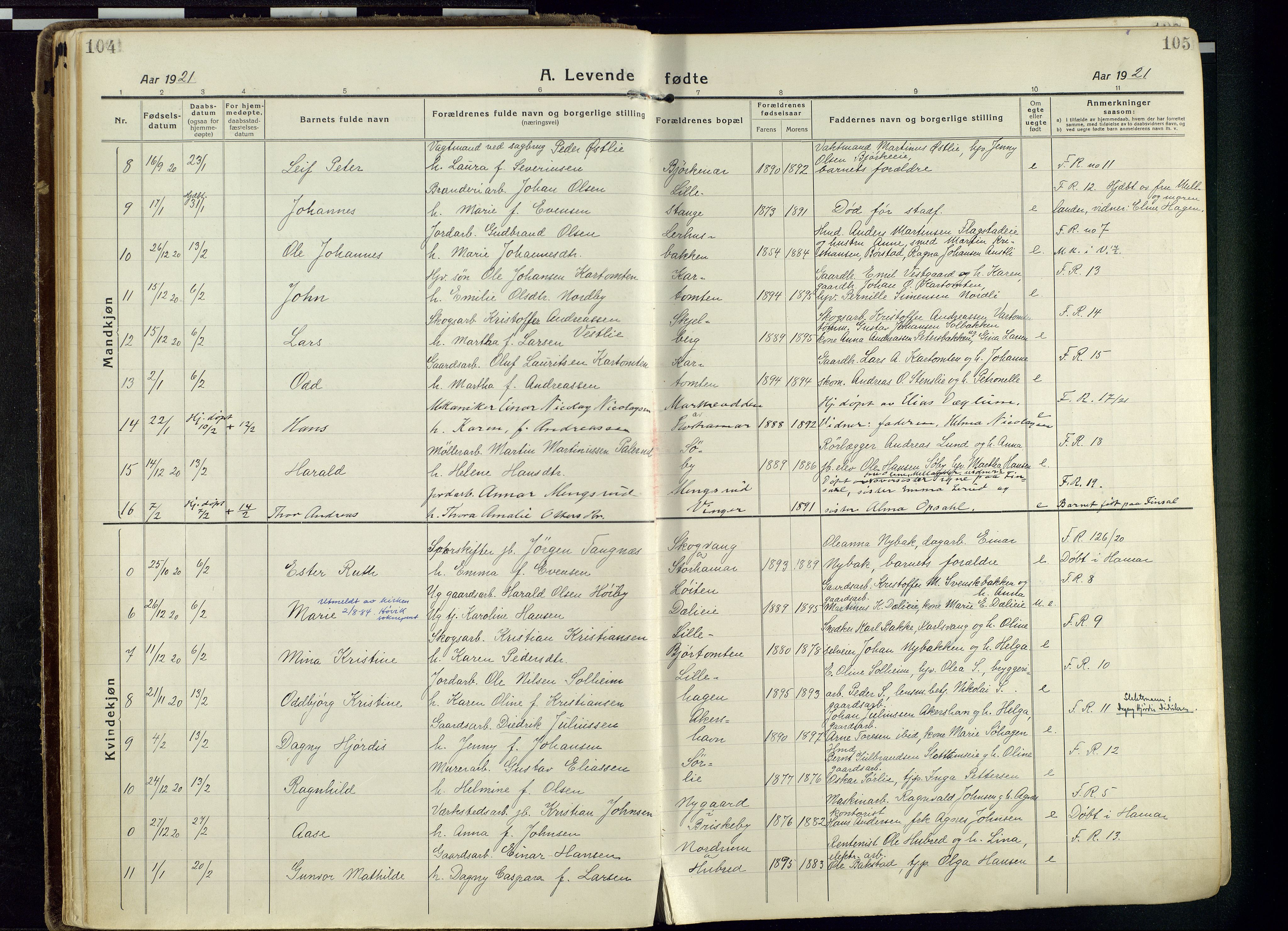 Vang prestekontor, Hedmark, SAH/PREST-008/H/Ha/Haa/L0022: Parish register (official) no. 22, 1918-1944, p. 104-105