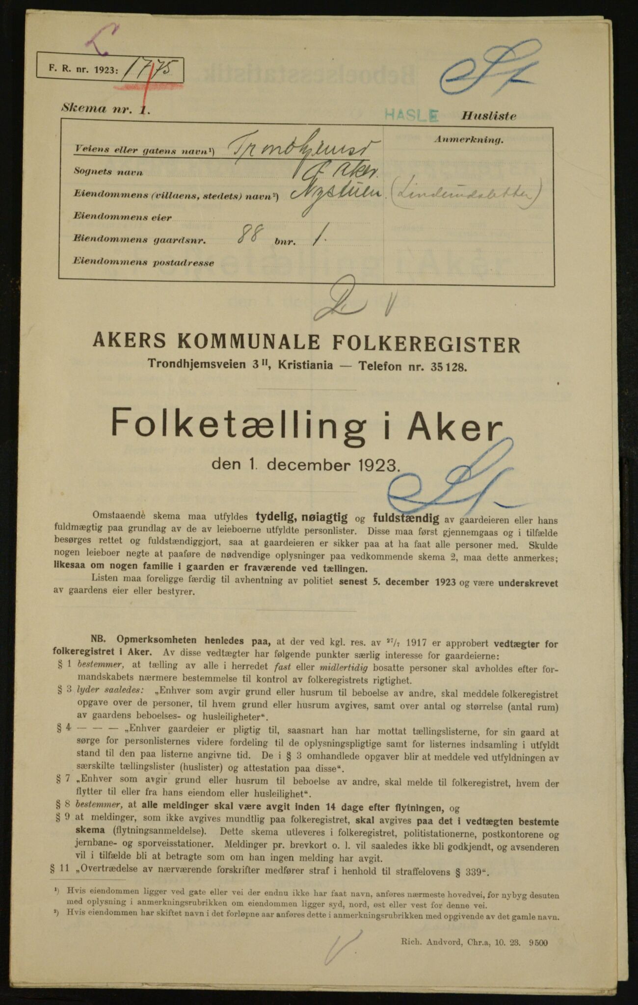 , Municipal Census 1923 for Aker, 1923, p. 33784