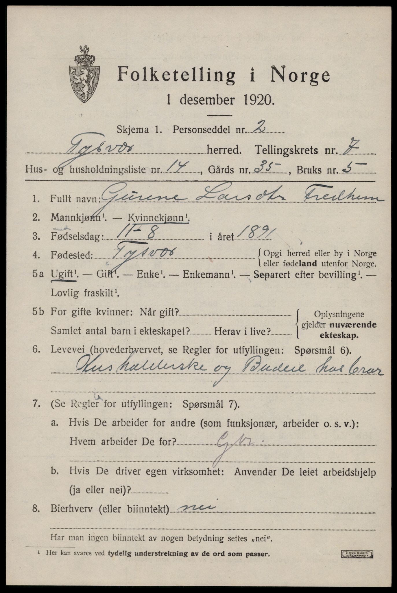 SAST, 1920 census for Tysvær, 1920, p. 2546