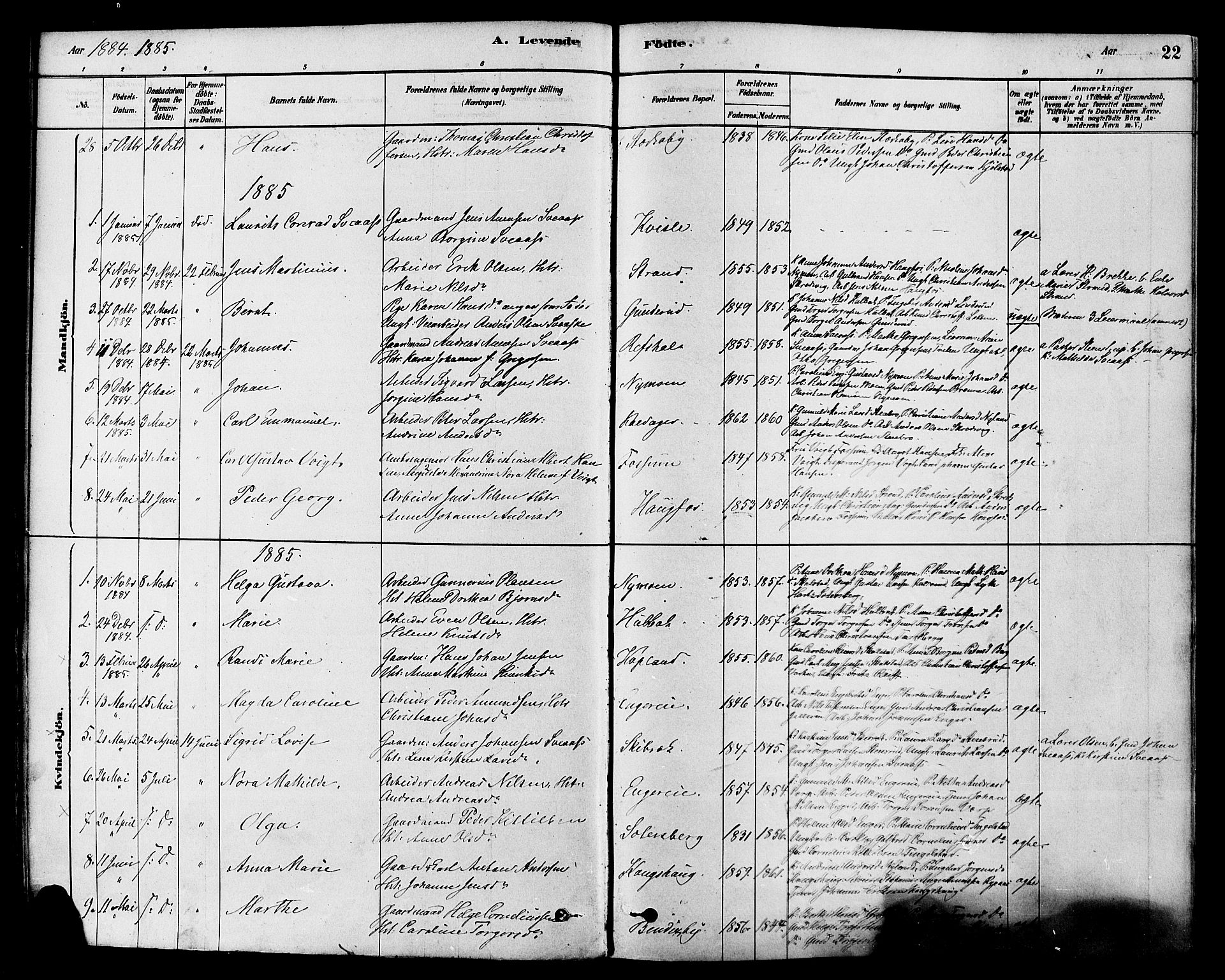 Modum kirkebøker, AV/SAKO-A-234/F/Fa/L0015: Parish register (official) no. 15 /1, 1877-1889, p. 22
