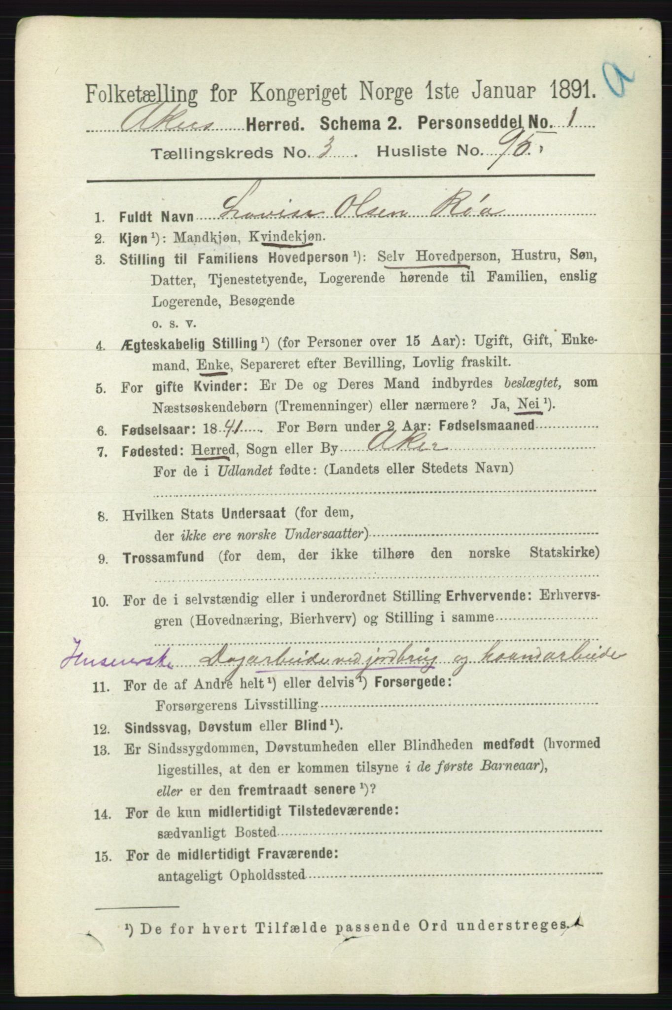 RA, 1891 census for 0218 Aker, 1891, p. 3852