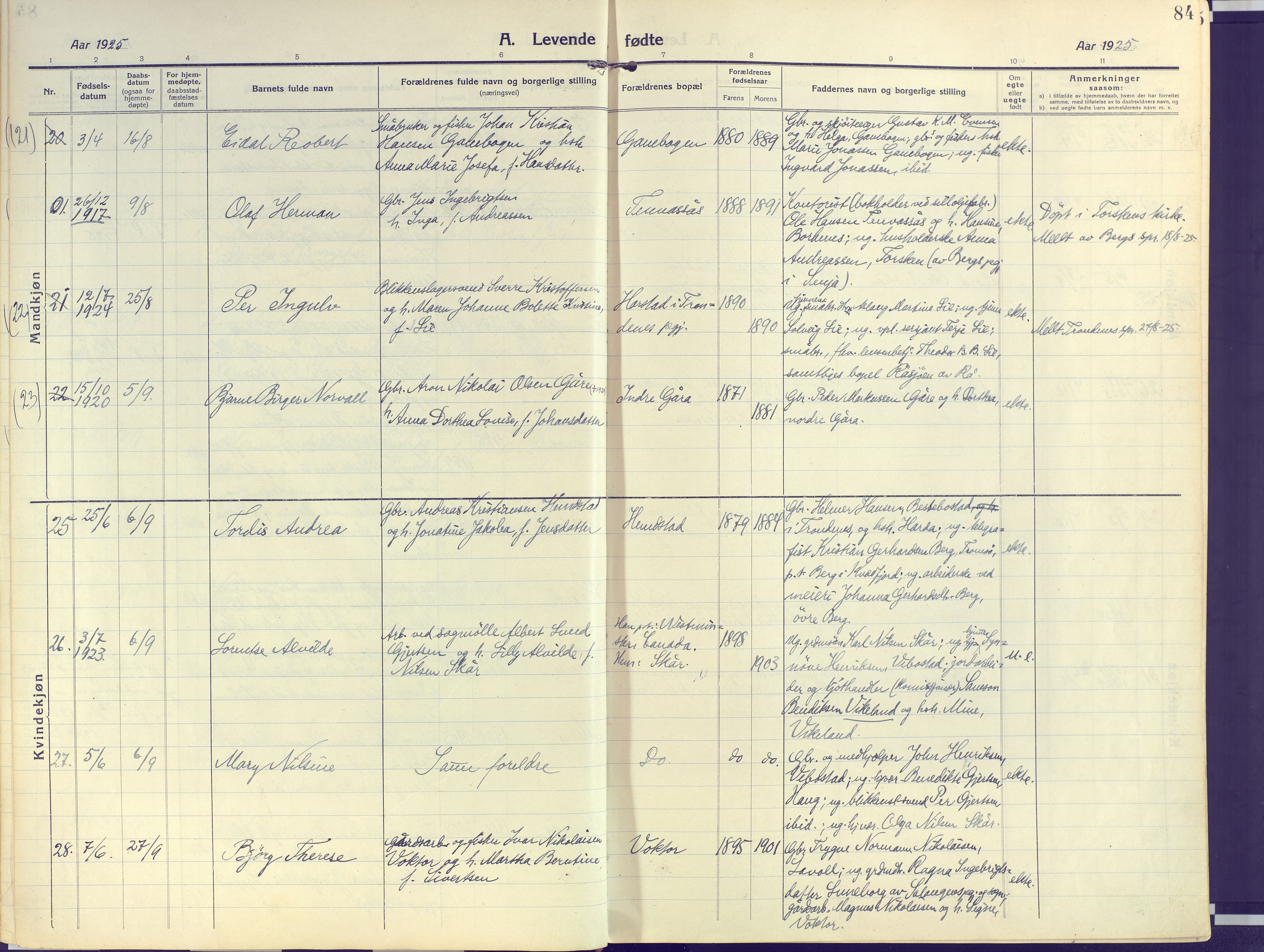 Kvæfjord sokneprestkontor, AV/SATØ-S-1323/G/Ga/Gaa/L0007kirke: Parish register (official) no. 7, 1915-1931, p. 84