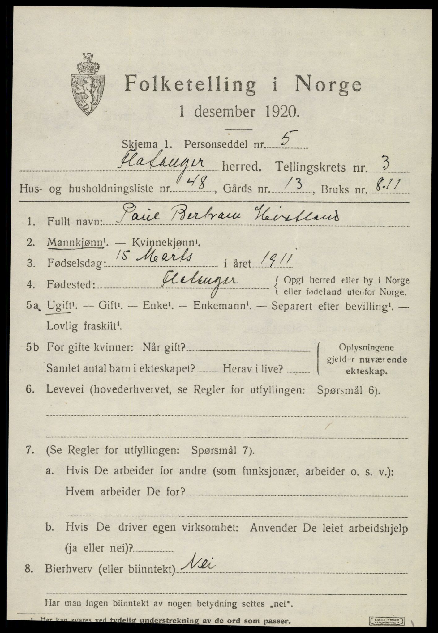 SAT, 1920 census for Flatanger, 1920, p. 2172