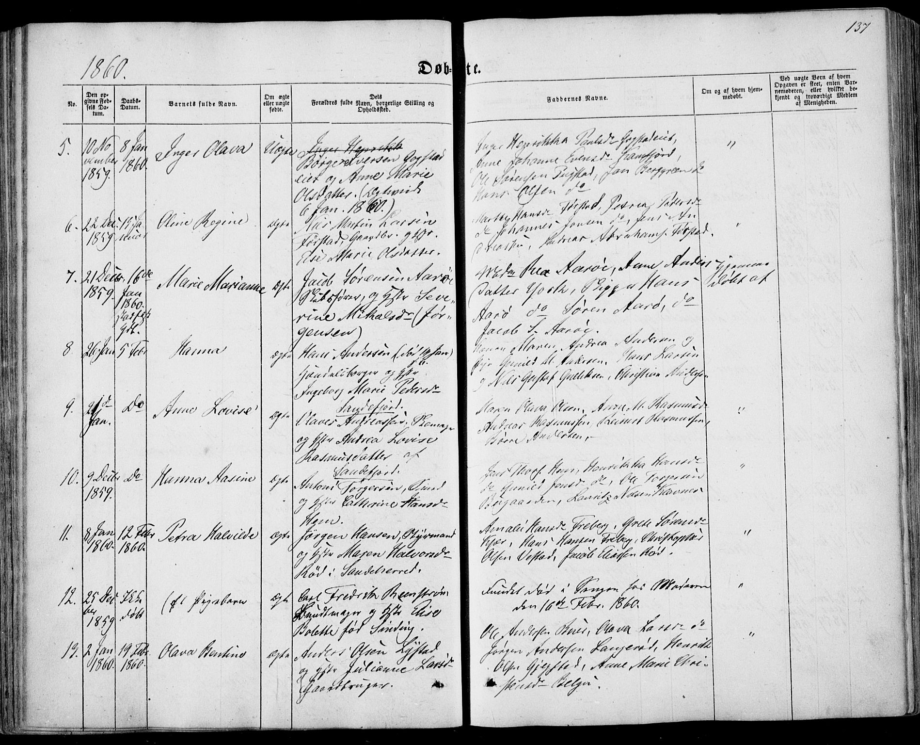 Sandar kirkebøker, SAKO/A-243/F/Fa/L0007: Parish register (official) no. 7, 1855-1861, p. 137