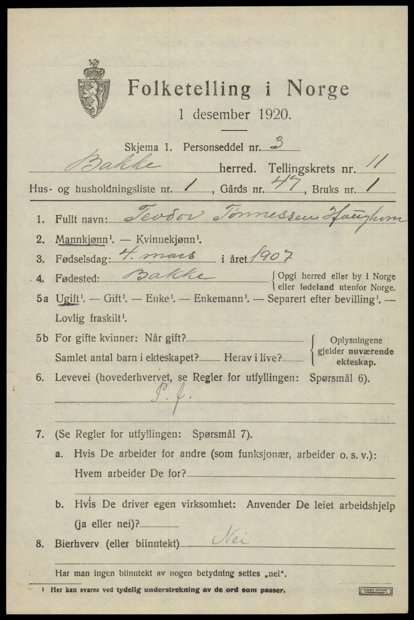 SAK, 1920 census for Bakke, 1920, p. 2830