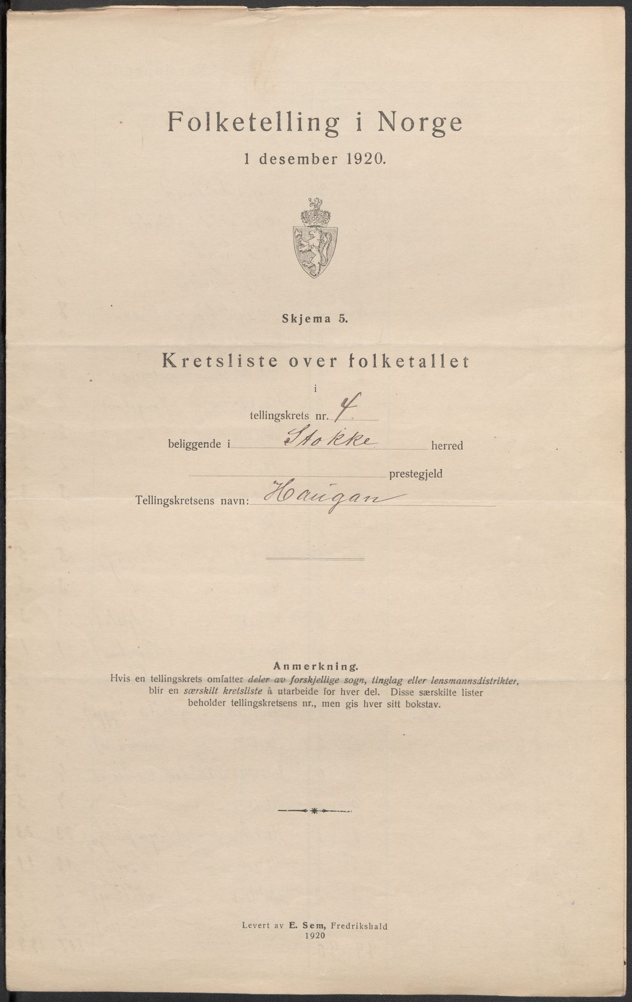 SAKO, 1920 census for Stokke, 1920, p. 21