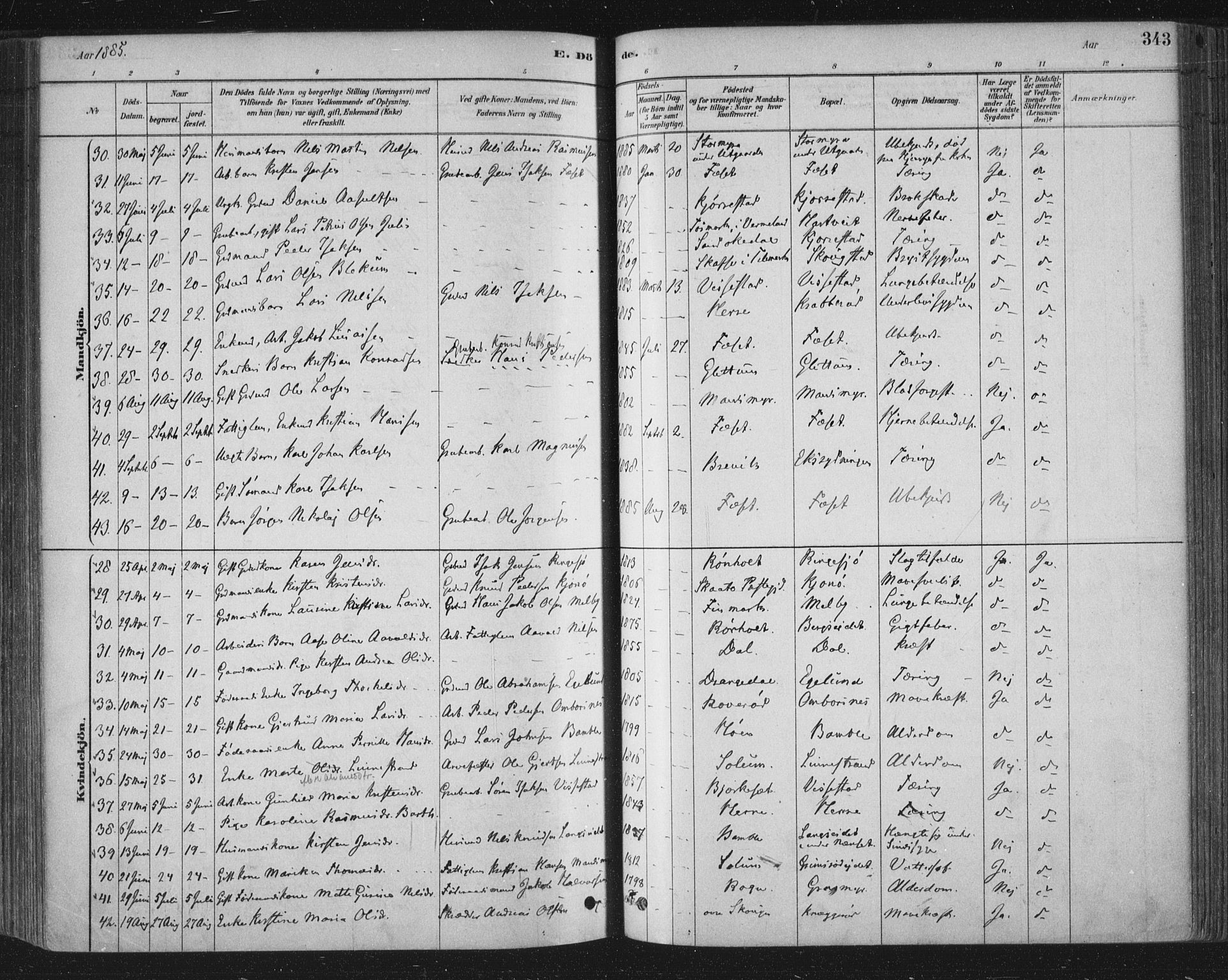 Bamble kirkebøker, AV/SAKO-A-253/F/Fa/L0007: Parish register (official) no. I 7, 1878-1888, p. 343