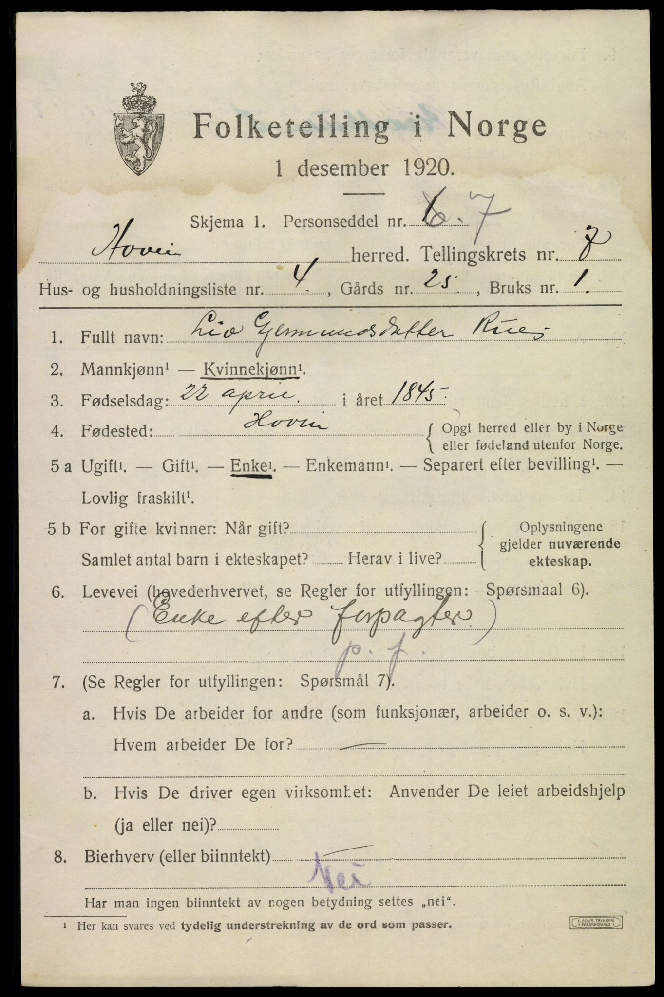SAKO, 1920 census for Hovin, 1920, p. 1741