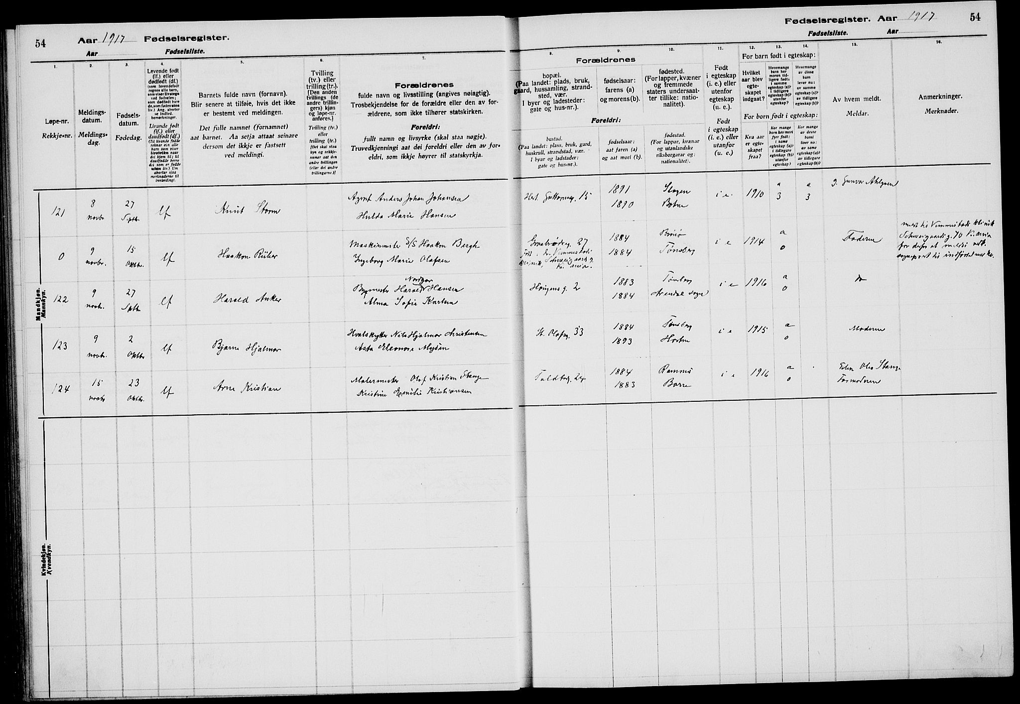 Tønsberg kirkebøker, AV/SAKO-A-330/J/Ja/L0001: Birth register no. 1, 1916-1922, p. 54