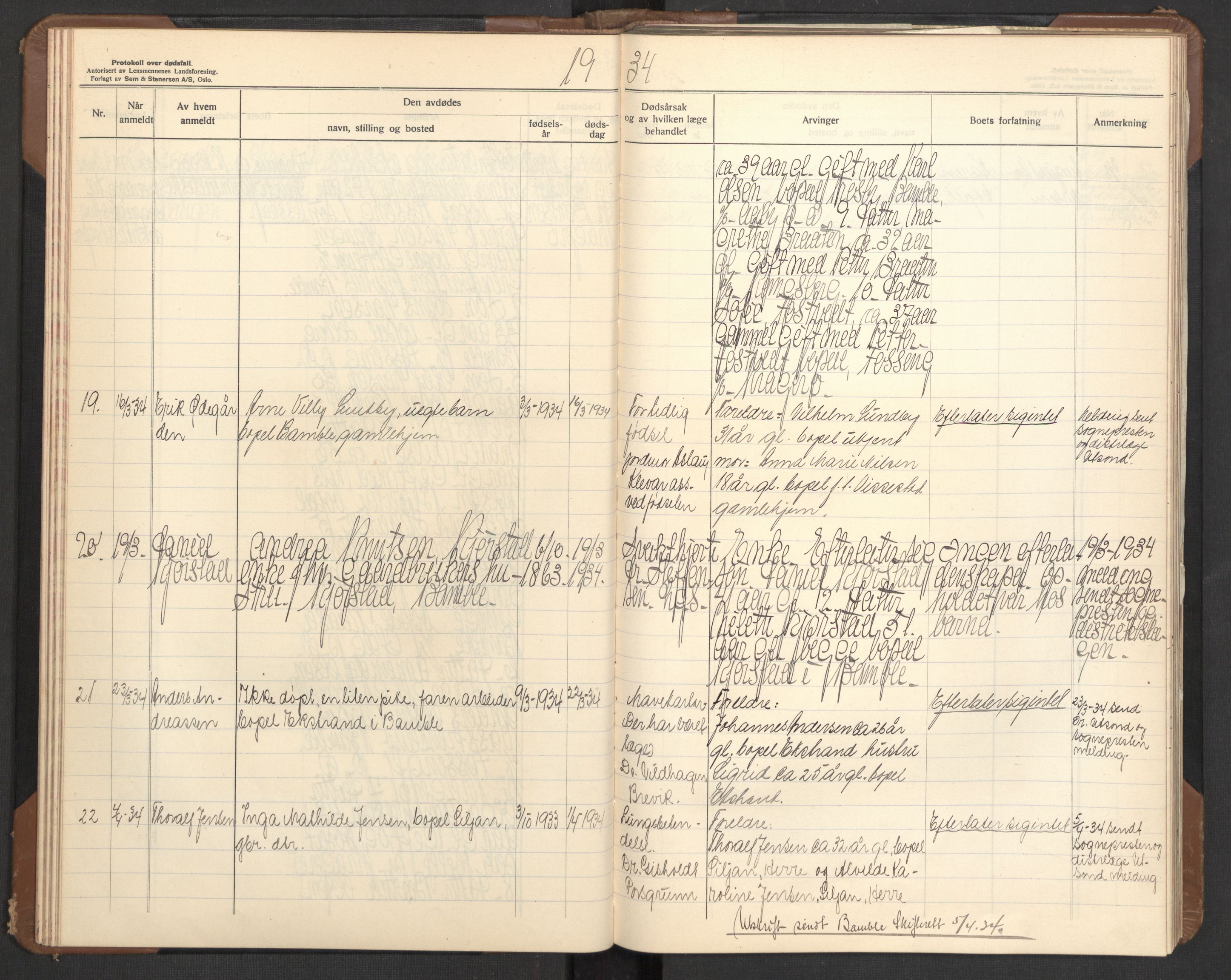 Bamble lensmannskontor, AV/SAKO-A-552/H/Ha/Haa/L0006: Dødsfallsprotokoll, 1932-1938