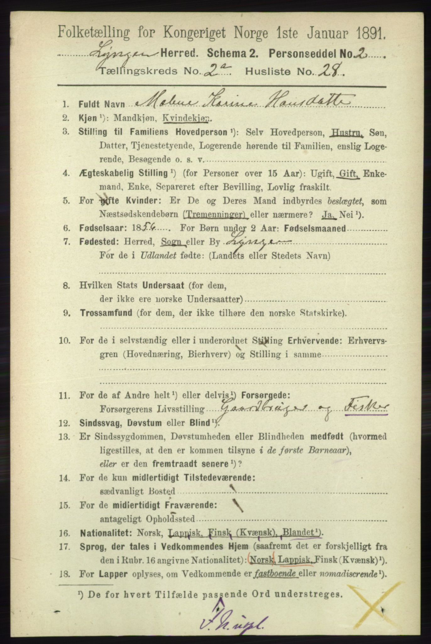 RA, 1891 census for 1938 Lyngen, 1891, p. 2184