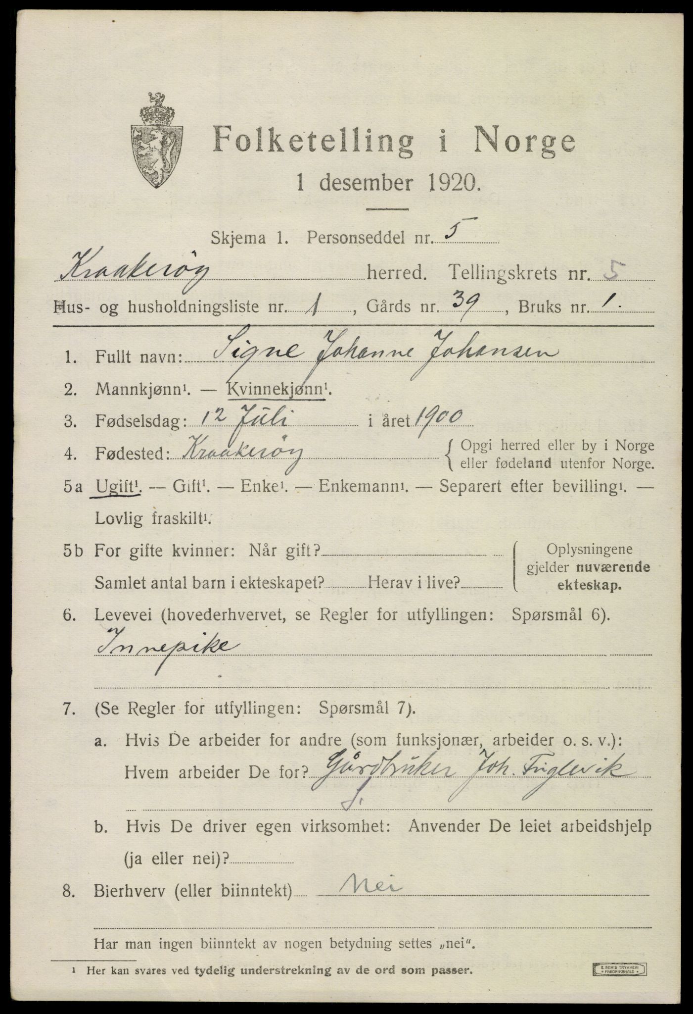 SAO, 1920 census for Kråkerøy, 1920, p. 5794