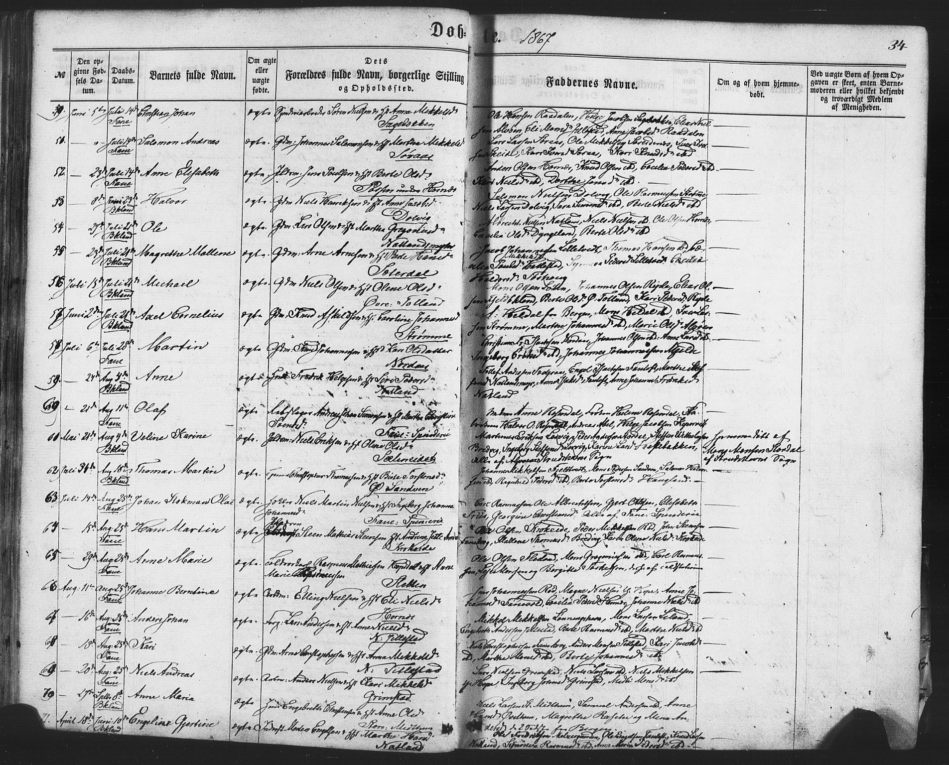 Fana Sokneprestembete, AV/SAB-A-75101/H/Haa/Haaa/L0012: Parish register (official) no. A 12, 1862-1878, p. 34