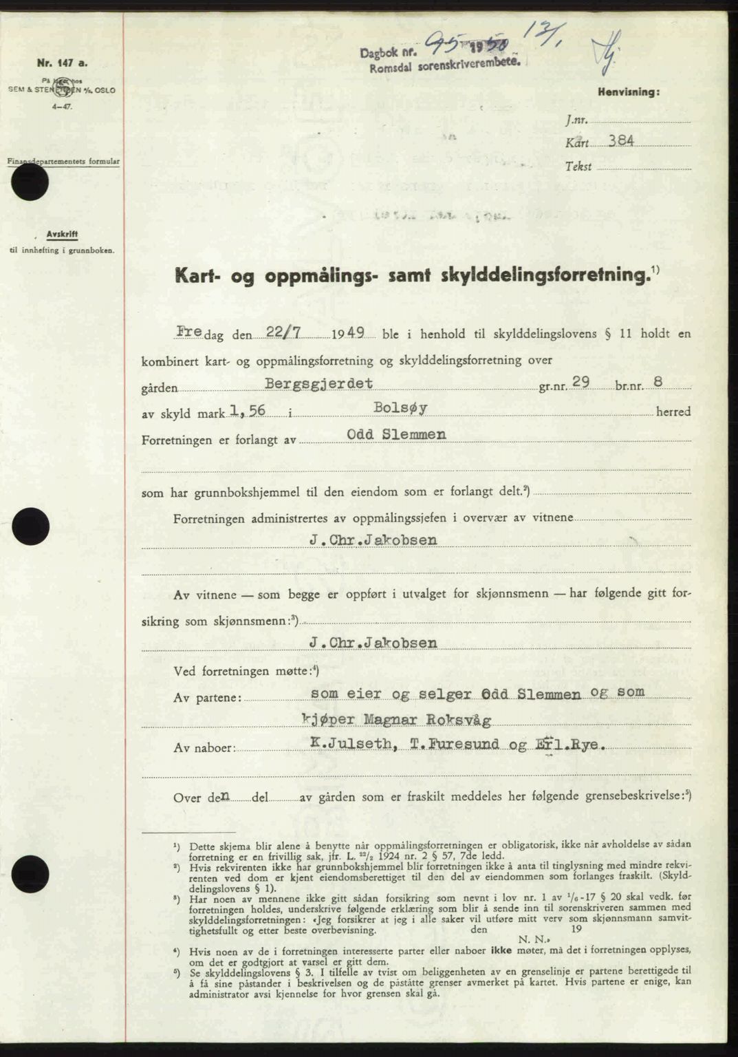 Romsdal sorenskriveri, AV/SAT-A-4149/1/2/2C: Mortgage book no. A32, 1950-1950, Diary no: : 95/1950