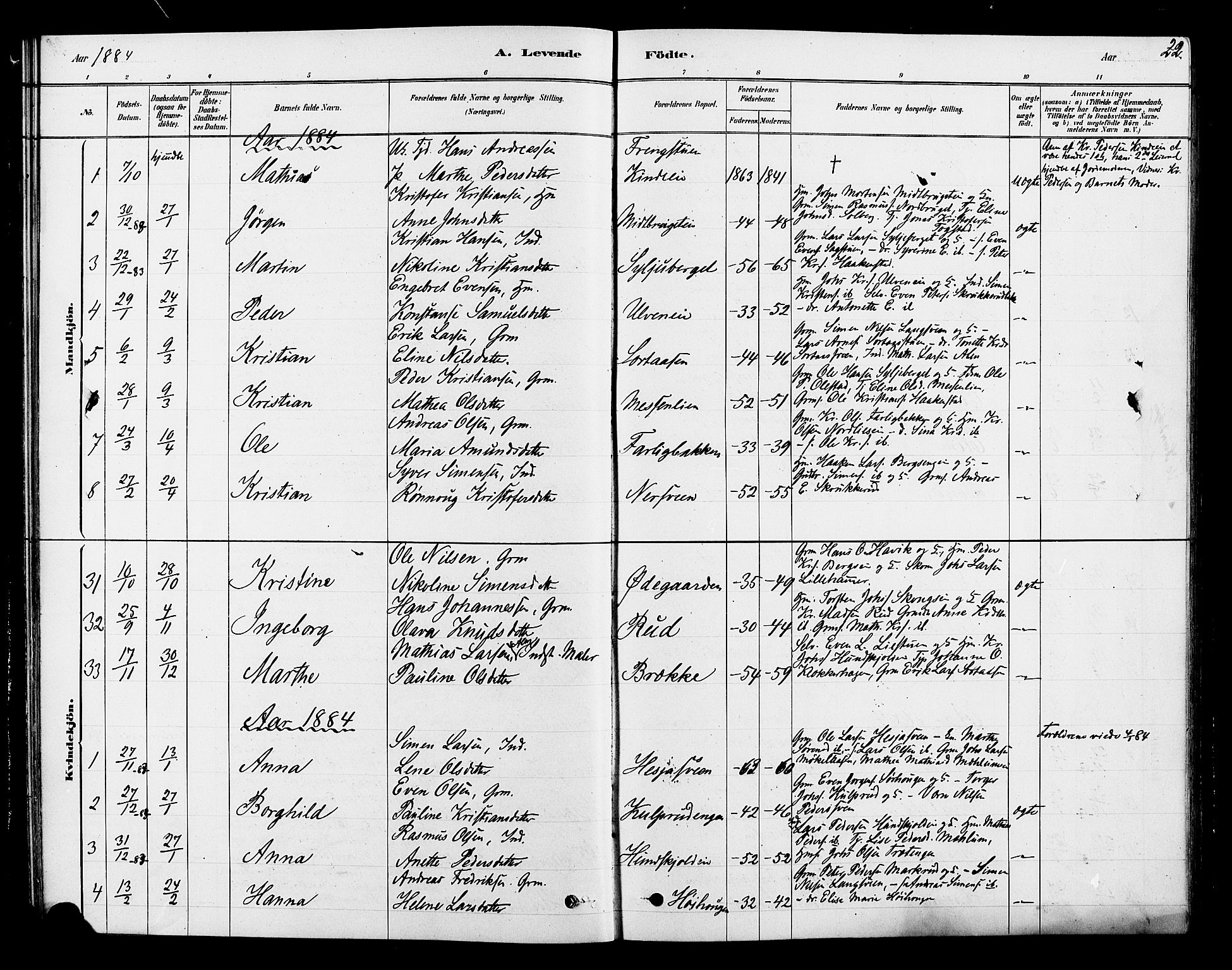 Ringsaker prestekontor, SAH/PREST-014/L/La/L0010: Parish register (copy) no. 10, 1879-1890, p. 22