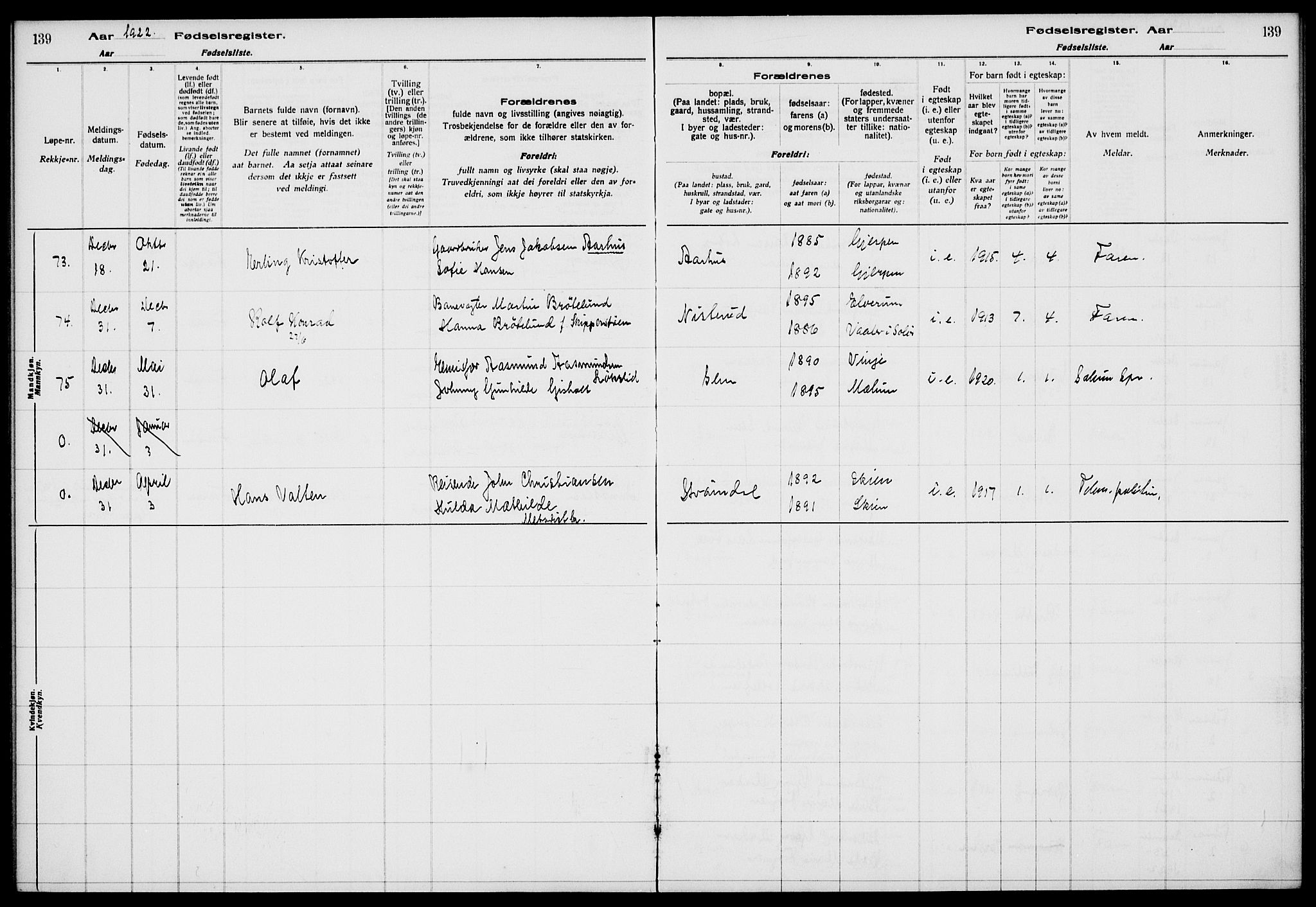 Gjerpen kirkebøker, AV/SAKO-A-265/J/Ja/L0001: Birth register no. I 1, 1916-1926, p. 139