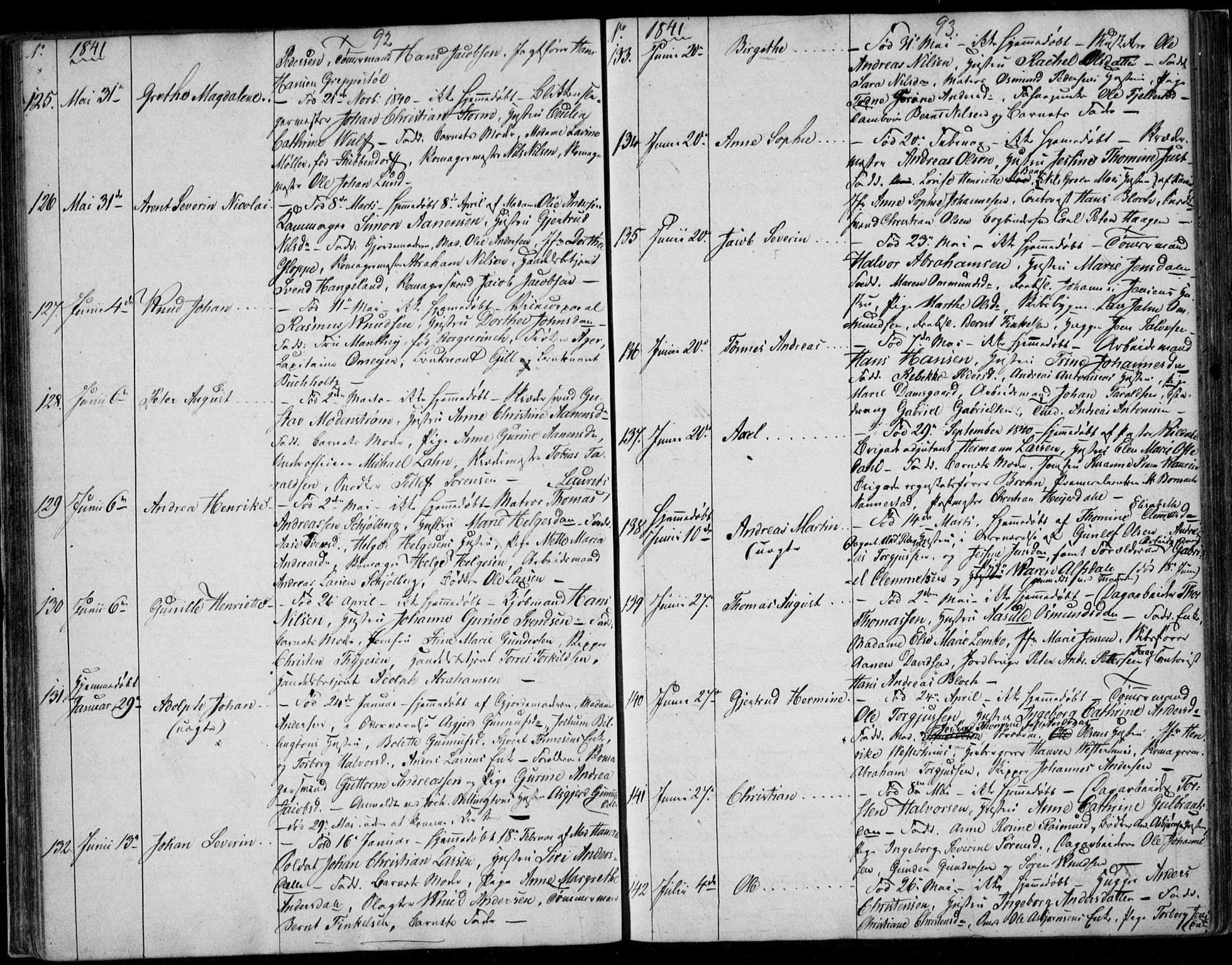 Kristiansand domprosti, SAK/1112-0006/F/Fb/L0009: Parish register (copy) no. B 9, 1838-1843, p. 92-93
