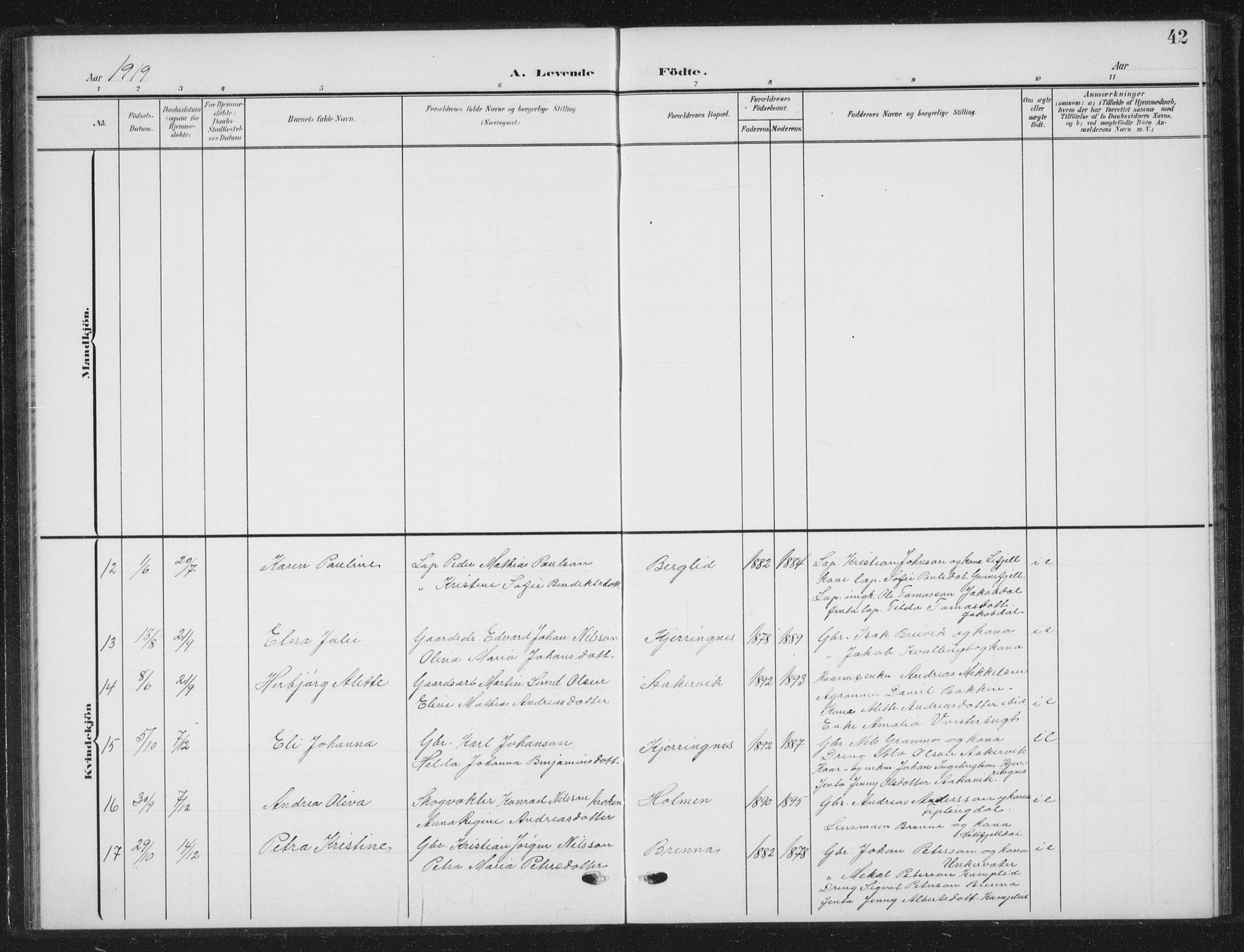 Ministerialprotokoller, klokkerbøker og fødselsregistre - Nordland, AV/SAT-A-1459/823/L0331: Parish register (copy) no. 823C03, 1905-1934, p. 42