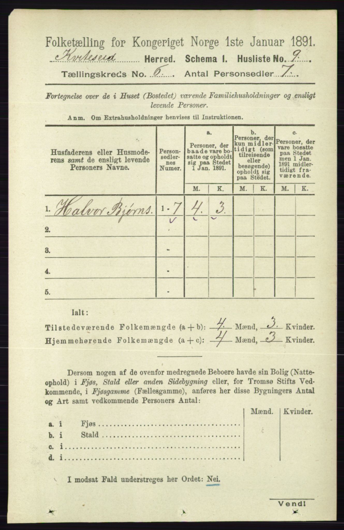 RA, 1891 census for 0829 Kviteseid, 1891, p. 1147